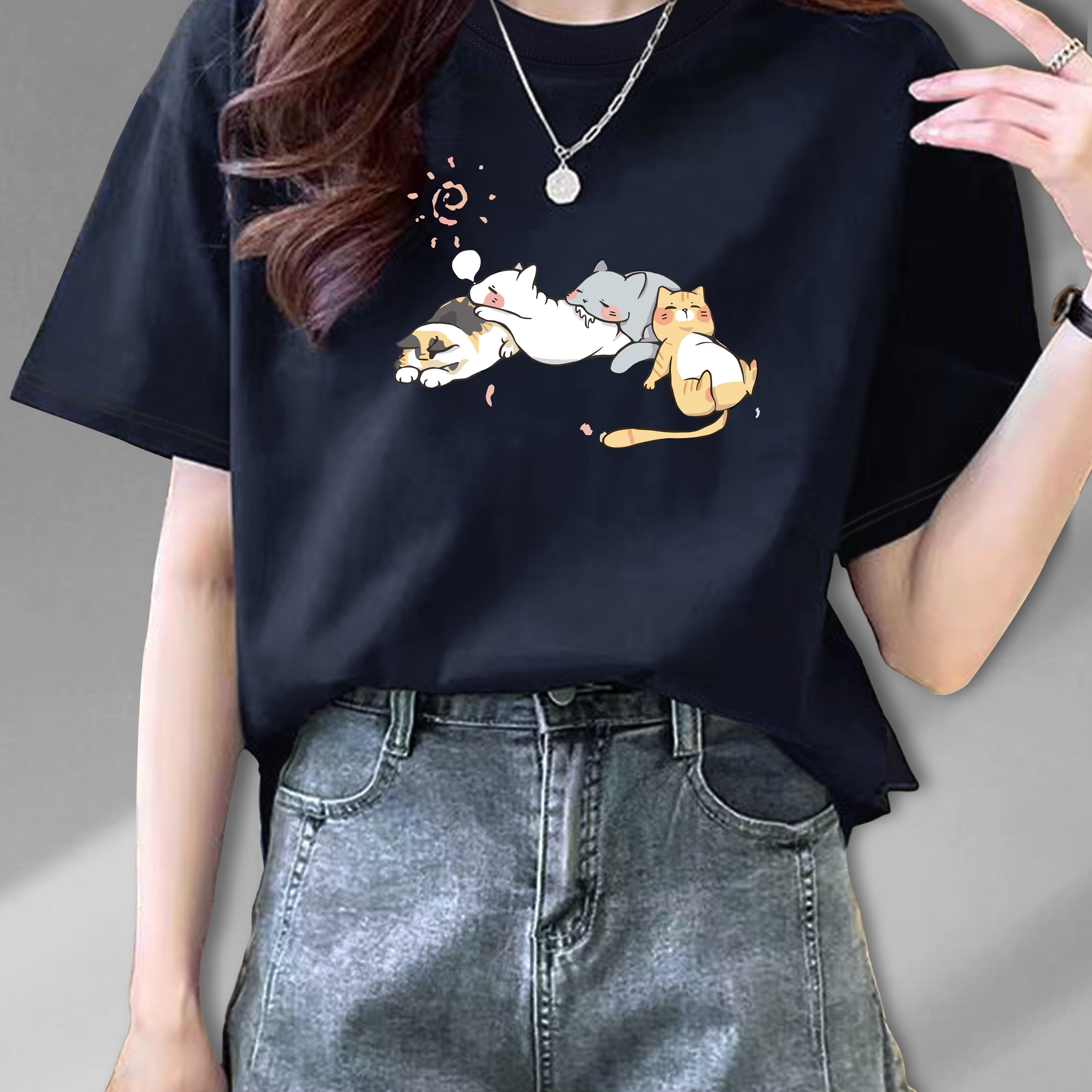 

Cute Cartoon Lazy Print Women's Casual Fashion Comfortable Sports Top Round Neck Short Sleeve T-shirt - Cotton Knit Fabric, Animal Pattern, All Seasons