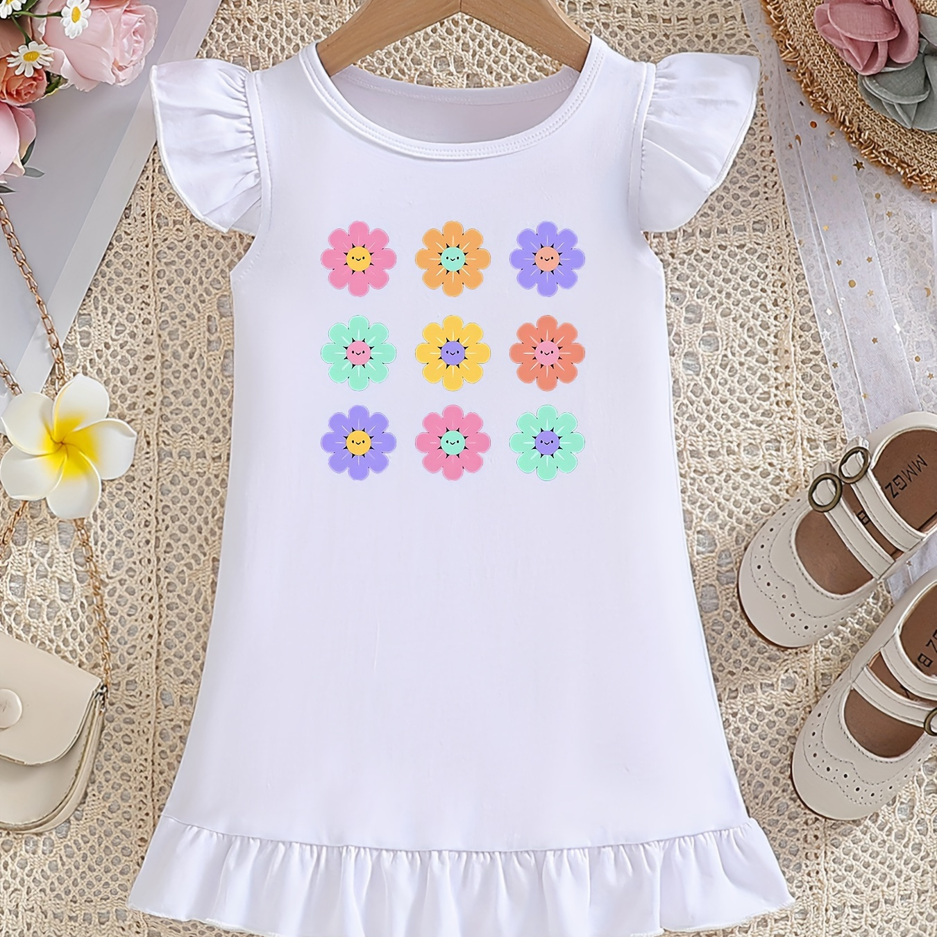 

Baby Girls' Ruffle Sleeve Round Neck Dress, Cotton Loose-fit Fashion Cartoon Flower Print, Cute Style