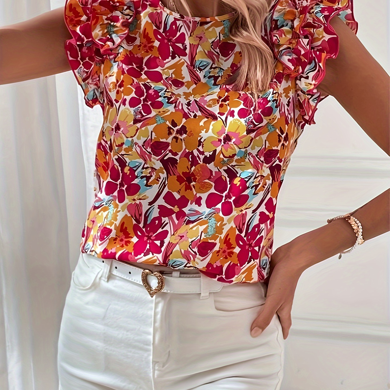 

Floral Print Ruffle Trim Blouse, Casual Crew Neck Blouse For Spring & Summer, Women's Clothing