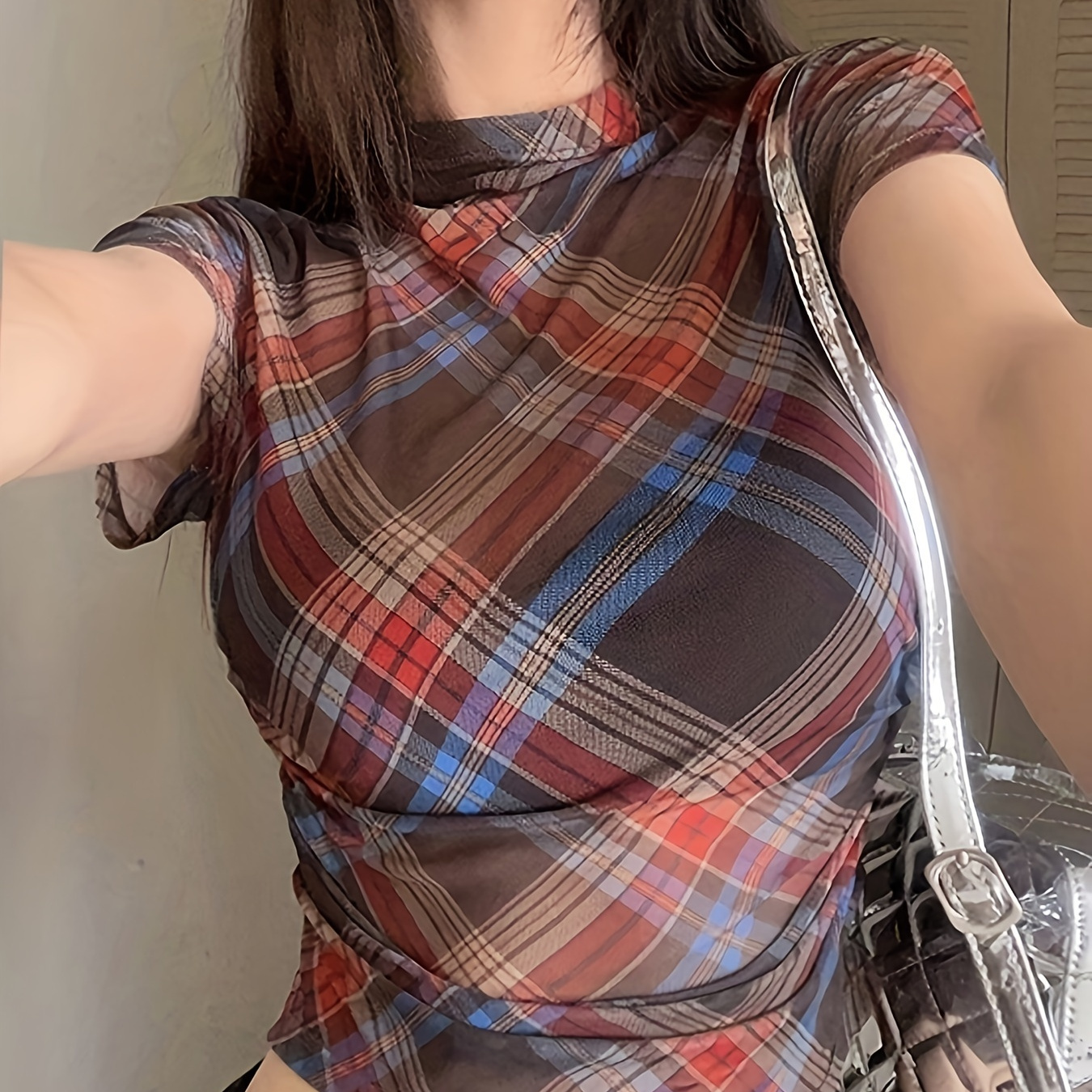 

Plaid Color Block Mock Neck T-shirt, Casual Short Sleeve T-shirt For Spring & Summer, Women's Clothing