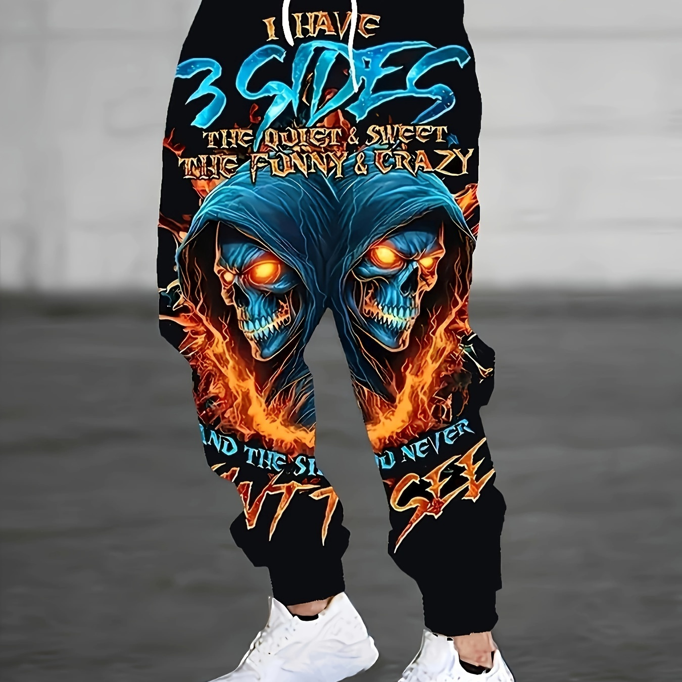 

Men's Novelty 3d Skull Pattern Print Drawstring Footed Sweatpants, Casual Slightly Stretch Joggers For Running Jogging And Gym Fitness, Spring And Autumn
