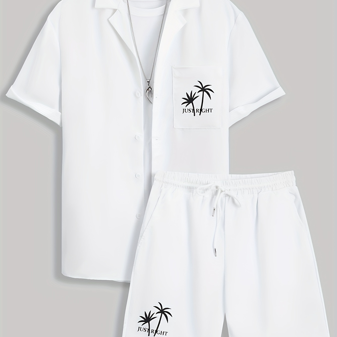 

Men's Casual Coconut Tree Print Short Sleeve Button Down Notched Lapel Shirt & Matching Drawstring Shorts Set, Comfort Fit Summer Outfit, Beachwear