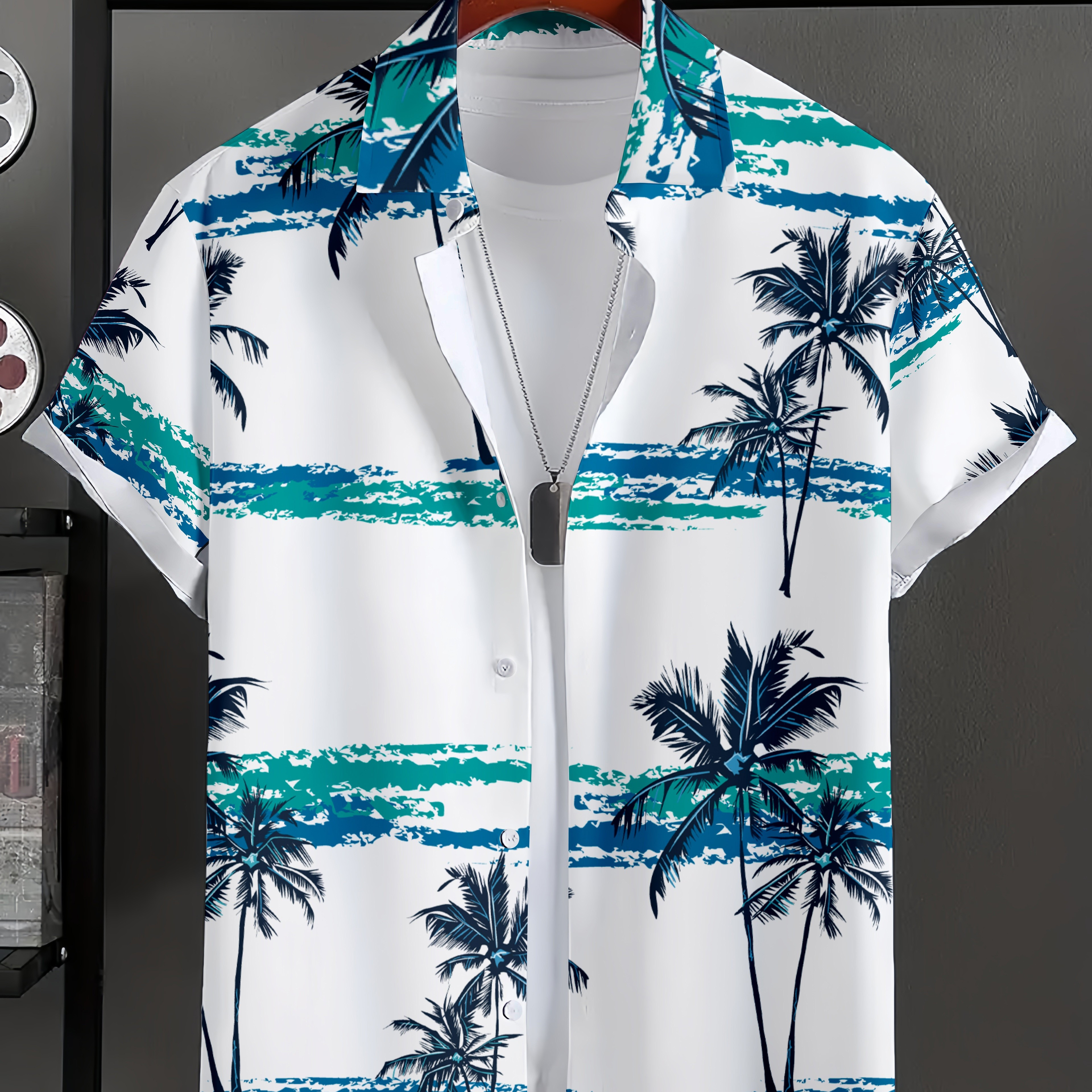 

Men's Coconut Tree Print Short Sleeve Button Down Lapel Shirt For Summer Resort Holiday, Hawaiian Style