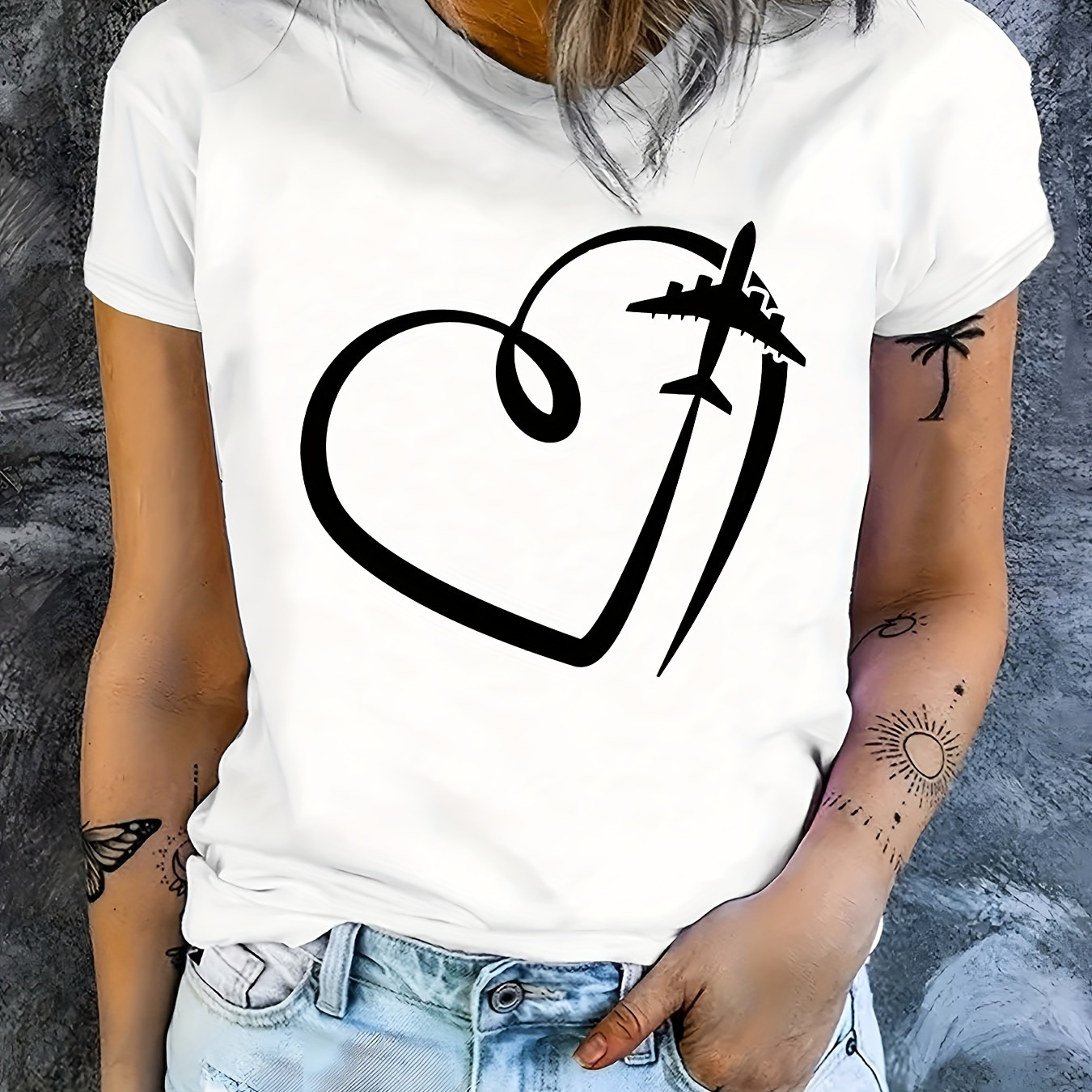 

Heart & Airplane Graphic Print T-shirt, Short Sleeve Crew Neck Casual Top For Summer & Spring, Women's Clothing