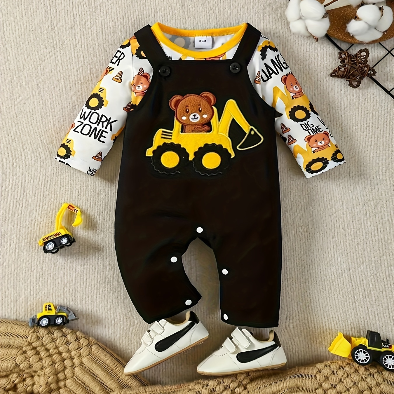 

Bear On Excavator Embroidery Suspender Pants Matching Long T-, Causal Fall Outfit, Cloth