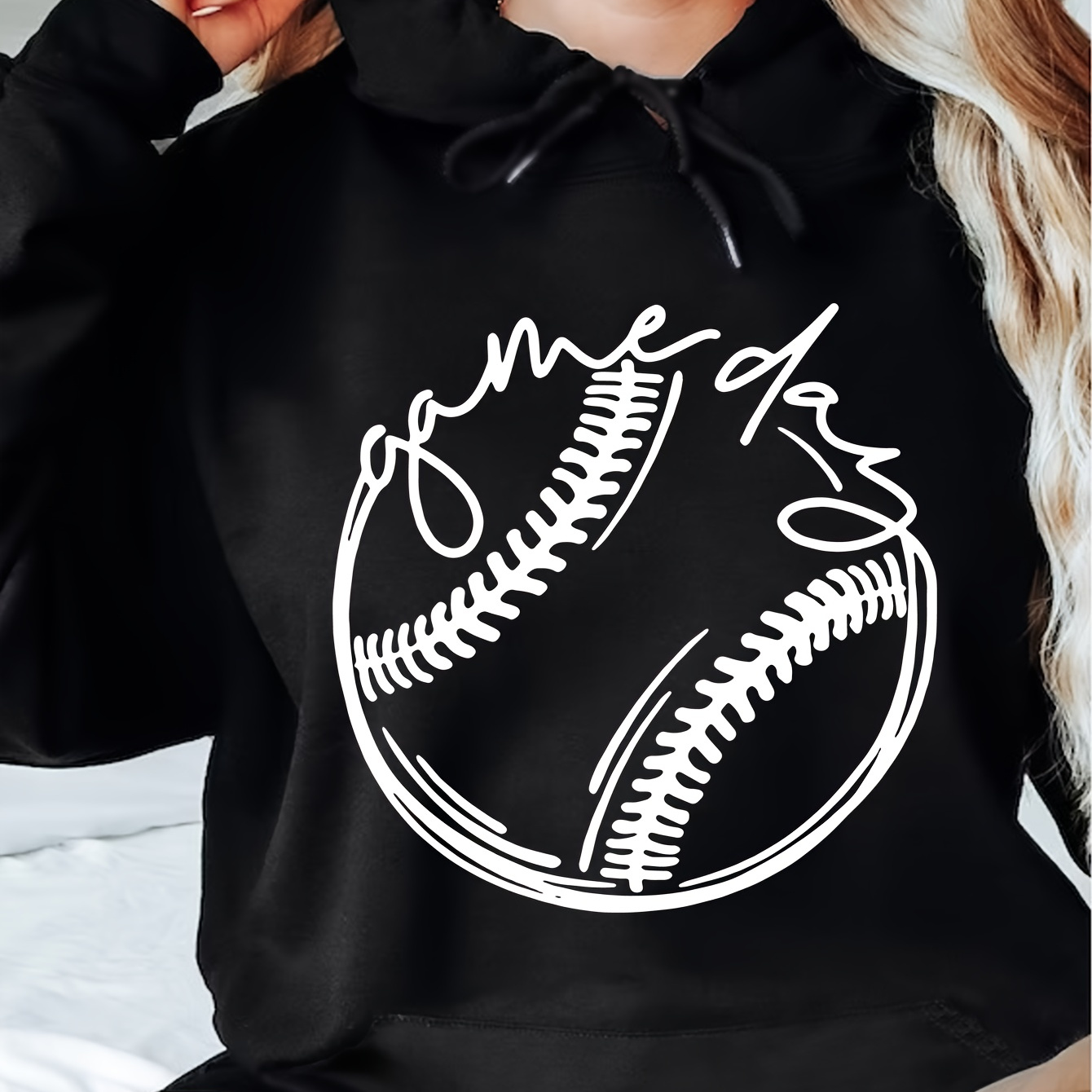 

Baseball Game Day Print Hoodie, Casual Pocket Long Sleeve Drawstring Hoodies Sweatshirt, Women's Clothing