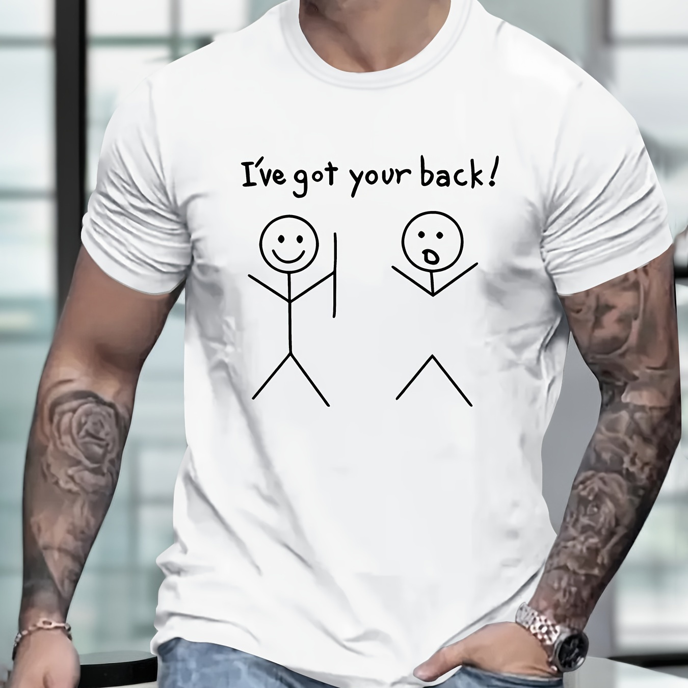 

I've Got Your Back"creative Print Casual Novelty T-shirt For Men, Short Sleeve Summer& Spring Top, Comfort Fit, Stylish Streetwear Crew Neck Tee For Daily Wear