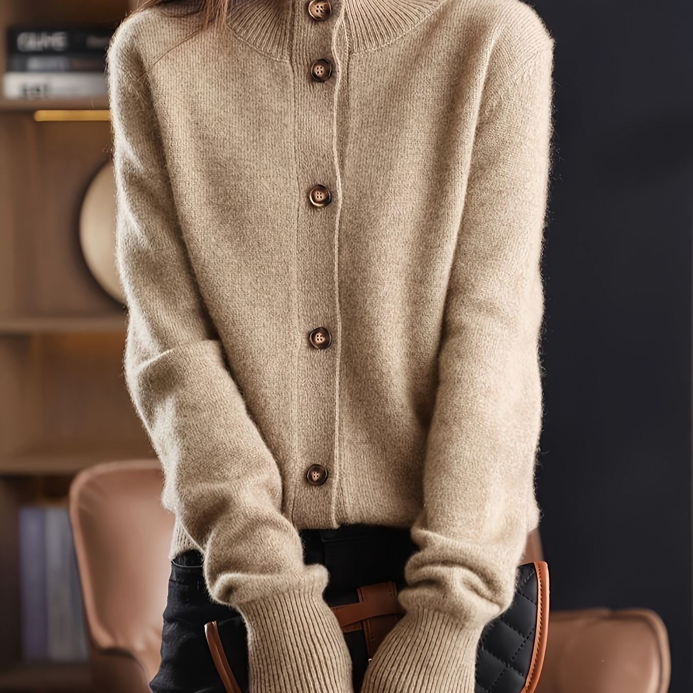 

A Solid Color Button-up Cardigan With Stylish Long Sleeves, Layering , Autumn, And Winter, For Women.