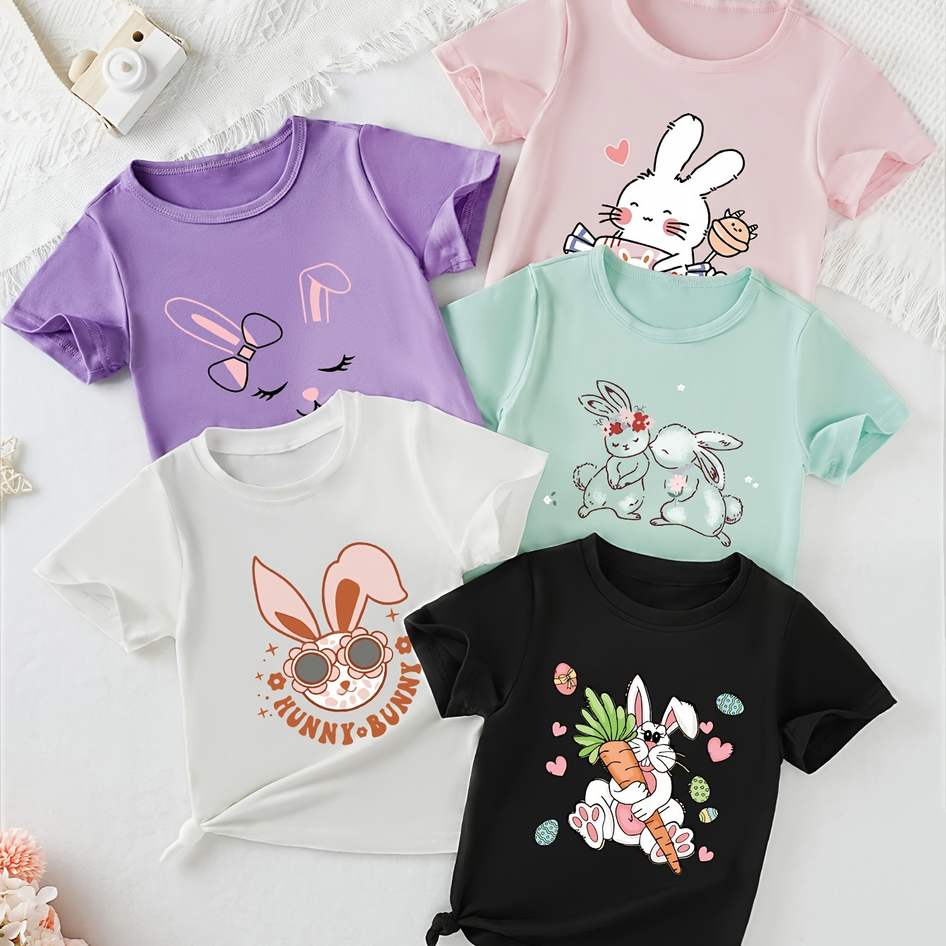 

5pcs Girls Kids Cartoon "rabbit" Pattern Print Short Sleeve T-shirt, Casual Crew Neck T-shirt For Summer Outdoor Wear Fashionable Sporty Chic