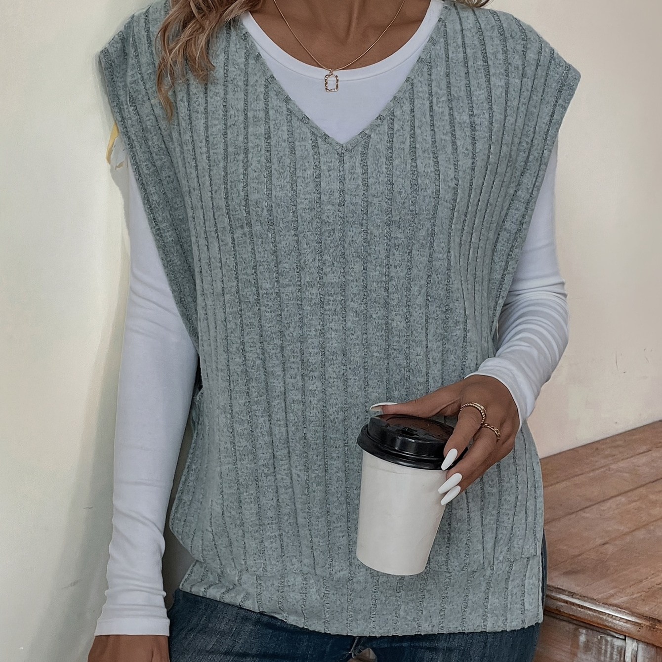 

Gilet En Tricot Côtelé À Col En V Uni, Gilet Pull Ample Sans Manches Fendu Sur Le Côté Décontracté, Vêtements Pour Femmes