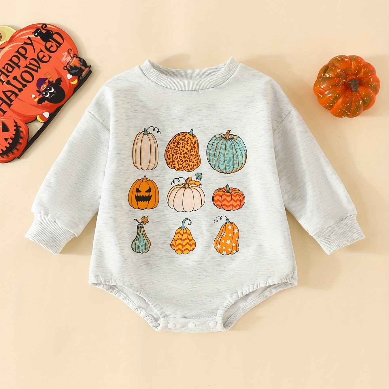 

Lovely Baby Pumpkin Print Romper, Buckle Pullover Triangle Jumpsuit, Perfect For 0-2 Years Old Baby Boys And Girls