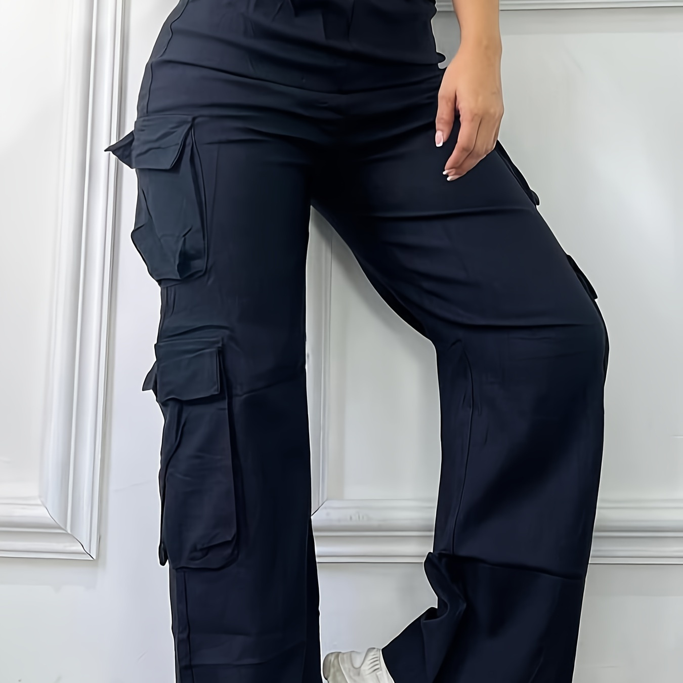 

Flap Pockets Straight Leg Cargo Pants, Young High Waist Pants For Spring & Fall, Women's Clothing