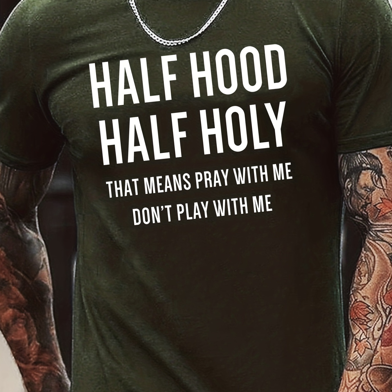 

Tees For Men, Funny 'half Hood, Half Holy' Print T Shirt, Casual Short Sleeve Crew Neck Tshirt For Summer Spring Fall, Tops As Gifts