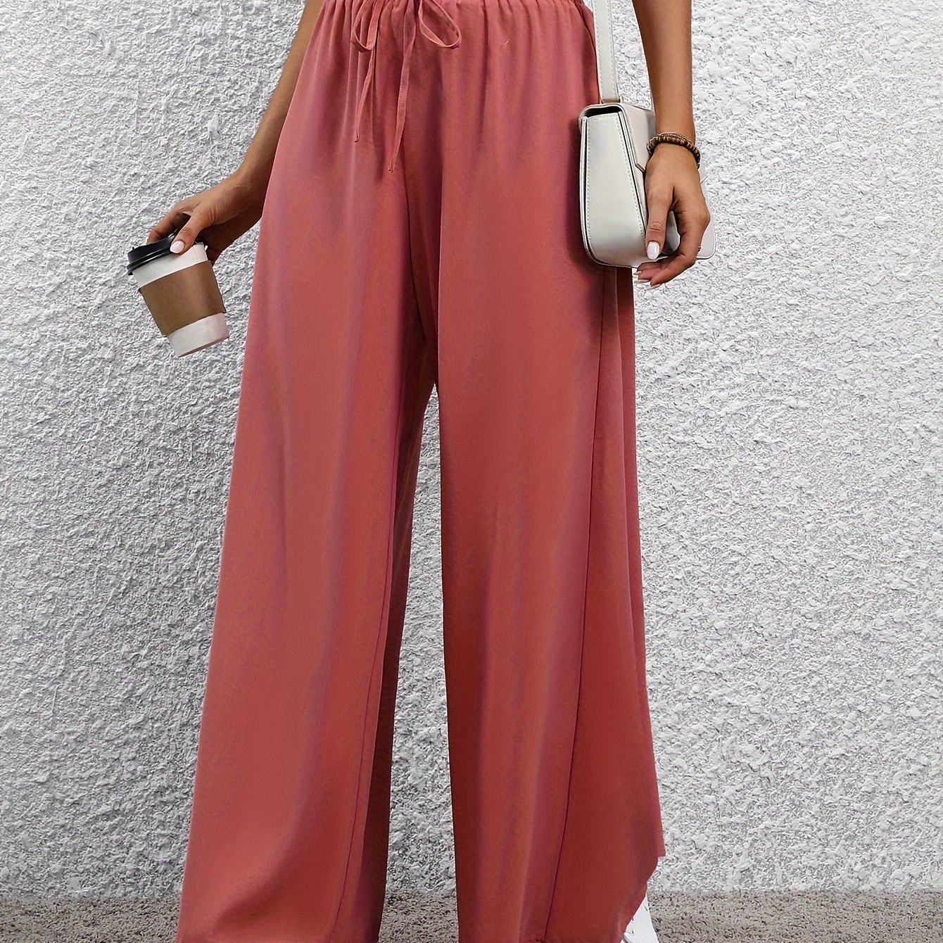 

Solid High Waist Pants, Casual Fake Drawstring Wide Leg Pants, Women's Clothing