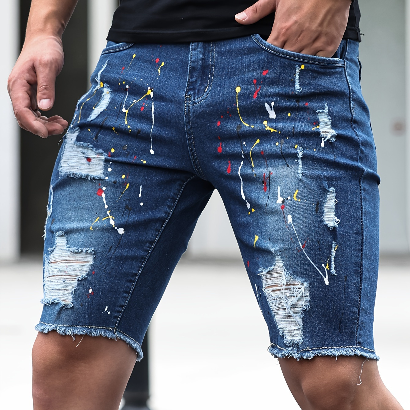 

Men's Skinny Denim Shorts With Oil Splash Pattern, Summer Stylish Leisure Jorts For Males