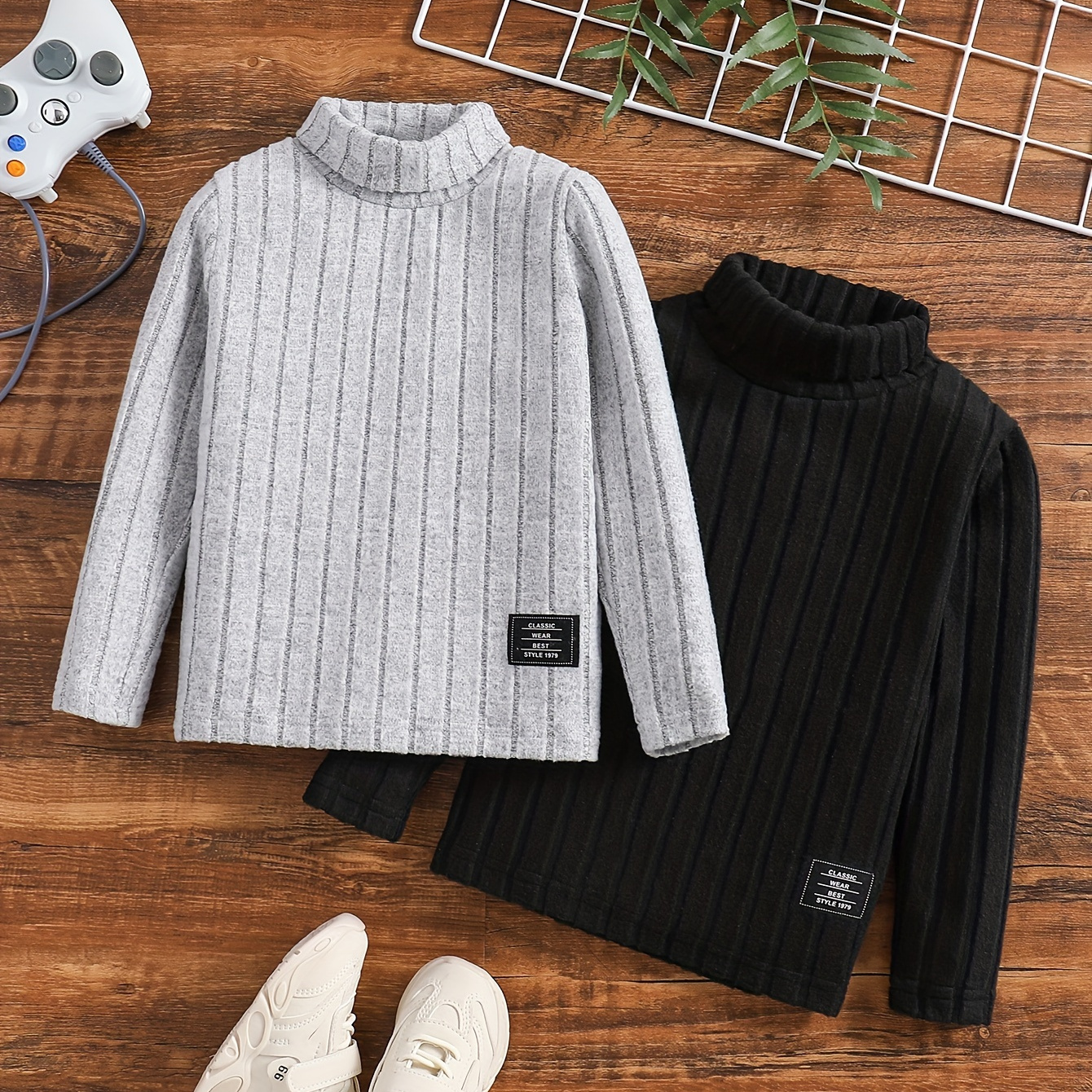 

Boys 2pcs Clothes Set, Kids Striped Solid Color Long-sleeved Turtleneck Knitwear Pullover Sweater For Spring Autumn