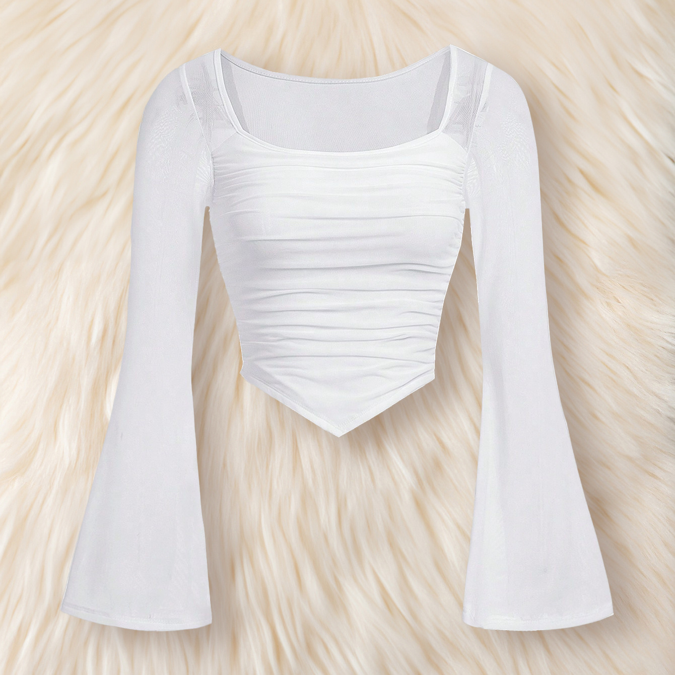 

Girls Stylish & Plain Solid White Long Flared Sleeve Hanky Hem Mesh Top For Spring & Summer & Fall