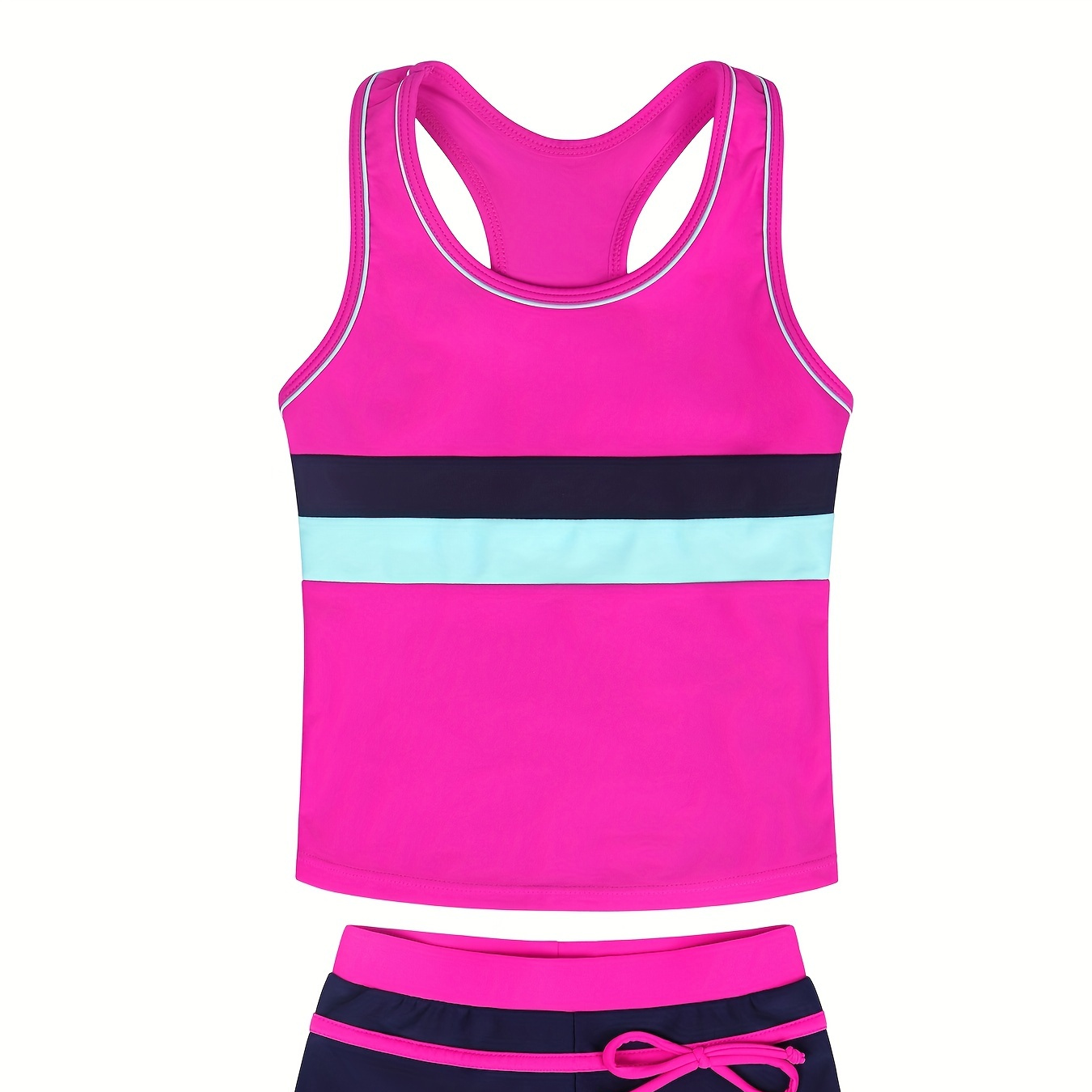 2pcs Toddler Girls Bikini Tankini Swimsuit Color Block Stripe Racer Back Tank Top & Bow Shorts Sports Set Kids Summer Beach Clothes Bathing Suits