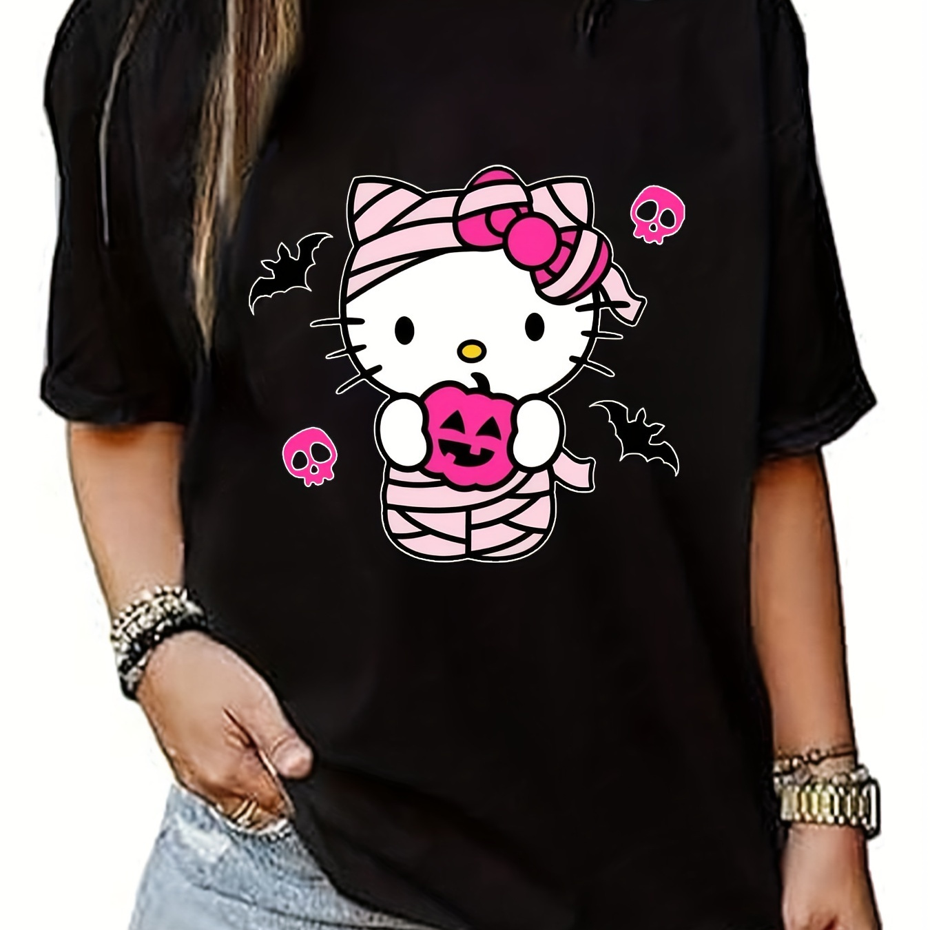 

[sanrio Authorized] Hello Kitty T-shirt Sanrio Cartoon Soft Short Sleeve For Everyday & Outdoors 220g