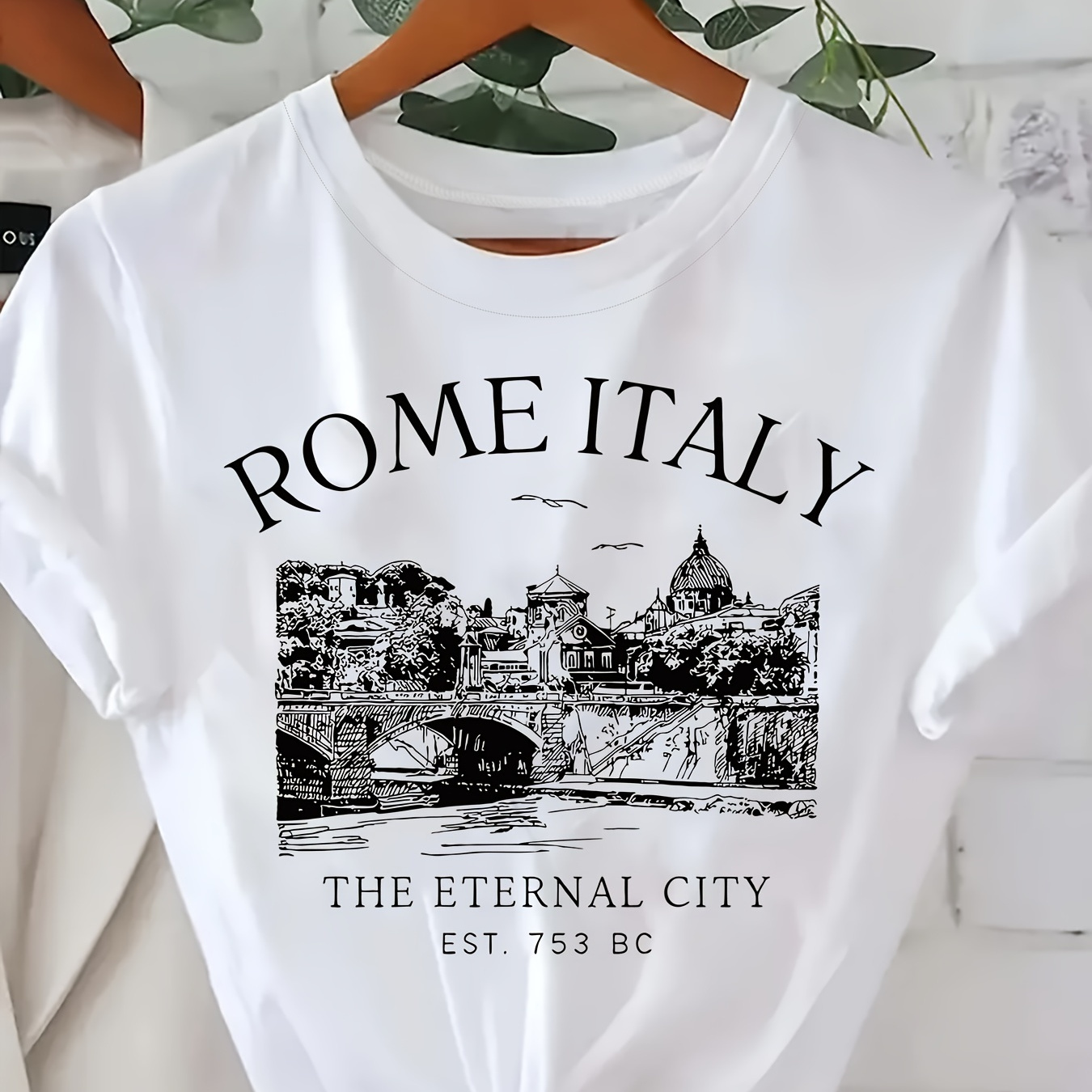 

Plus Size Letter & Graphic Print T-shirt, Casual Rome Italy Pattern Short Sleeve Crew Neck Top For Summer & Spring, Women's Plus Size Clothing