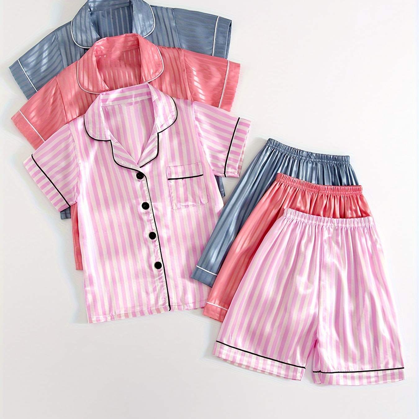 

3-pack Kids' Silky-soft Pajamas - Short-sleeve Top & Shorts Set With Stripes - Lightweight Button-up Loungewear For Boys & Girls - Ideal For Spring/summer Slumber Parties