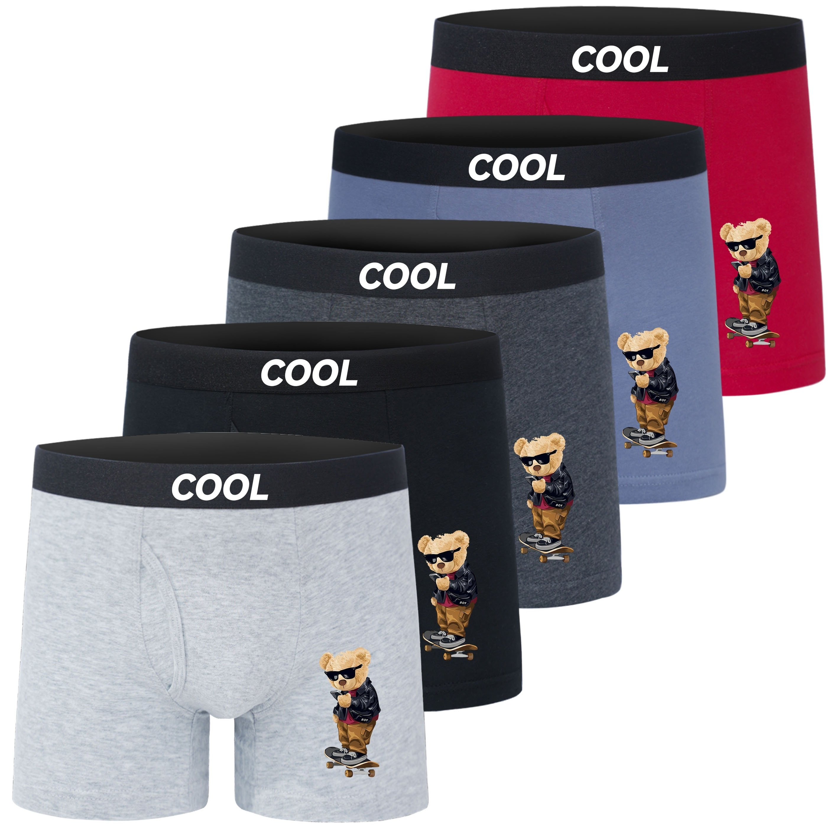 

5 Pcs Boy's Trendy Bear Print Boxer Briefs, Cotton Half Open Crotch Sports Briefs, Comfy & Breathable Essential Underwear For All Season Wearing
