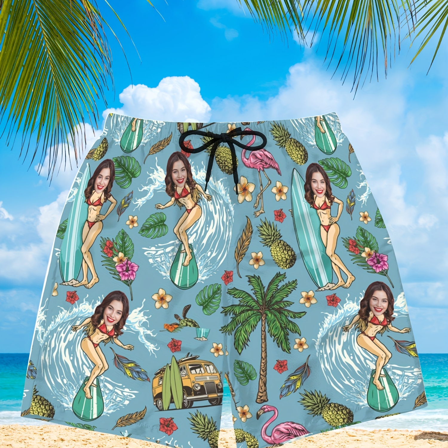 

Custom Photo Men's Beach Shorts - Personalized Tropical & Surfing Scene Print, Quick-dry Polyester With Drawstring, Ideal Gift For Boyfriend Or Husband