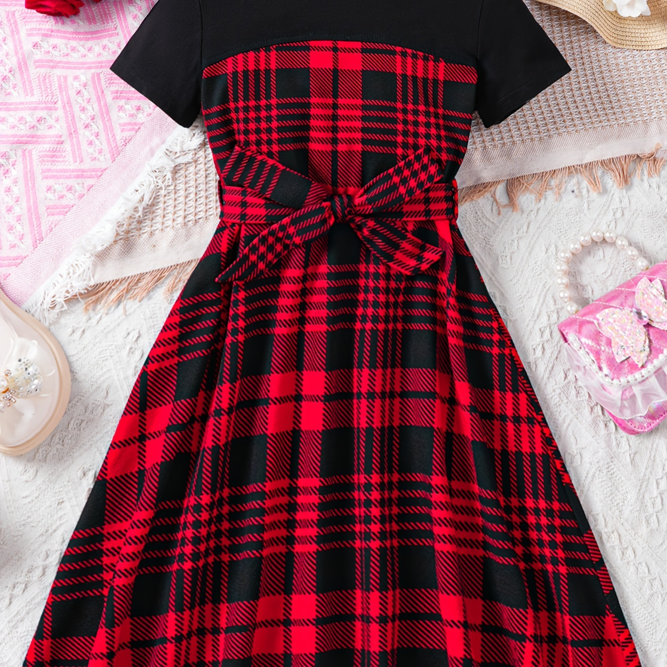 

Girls Checkered Pattern Crew Neck Short Sleeve Dress With Bow Tie For Summer Outdoor Activities