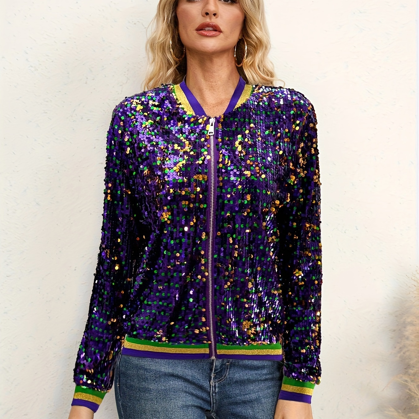 

Contrast Sequin Open Front Bomber Jacket, Casual Zipper Front Long Sleeve Button Front Jacket, Women's Clothing