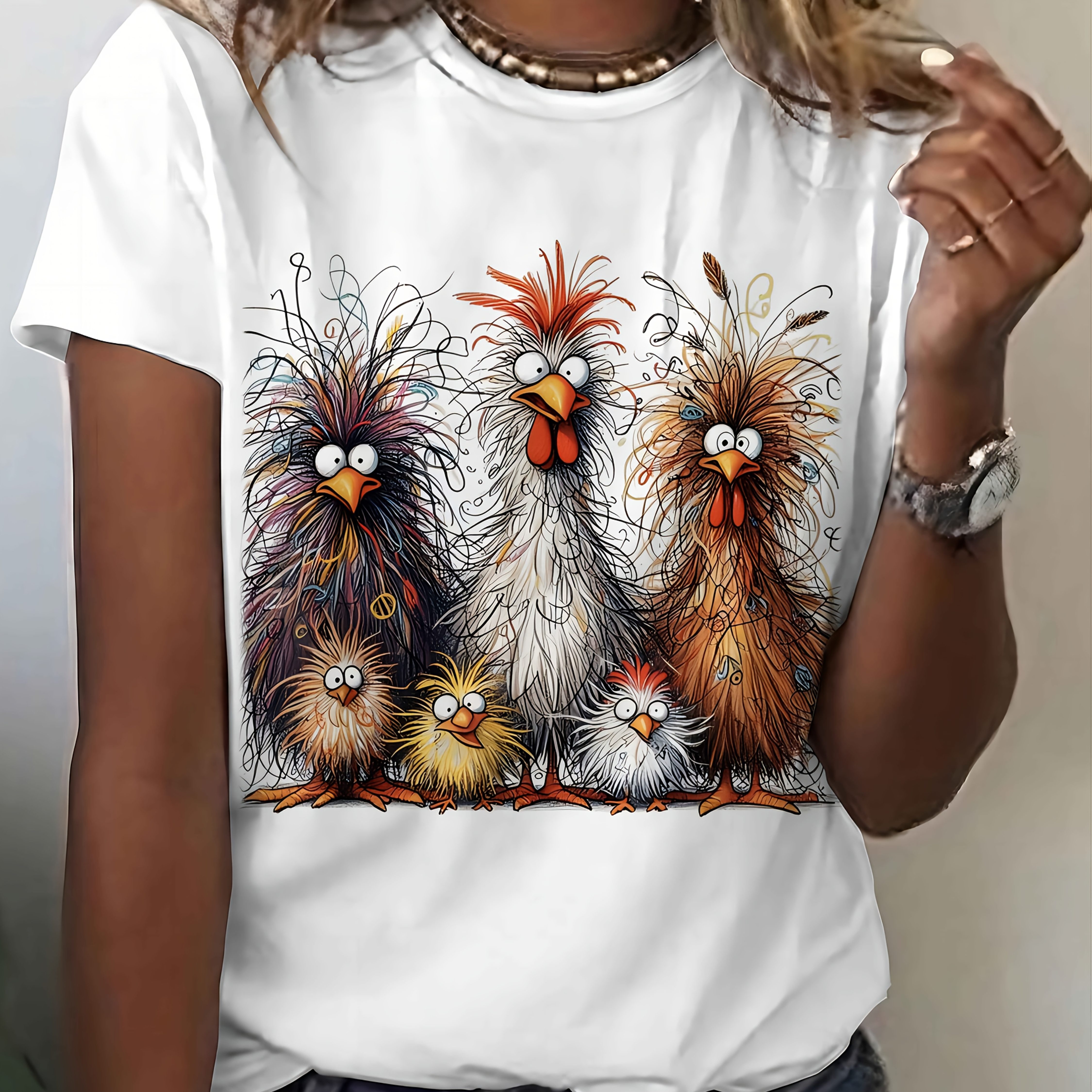 

Elegant Cartoon Chicken Print Round Neck T-shirt, Polyester Short Sleeve Crew Neck Top For Women, Casual Summer Gift