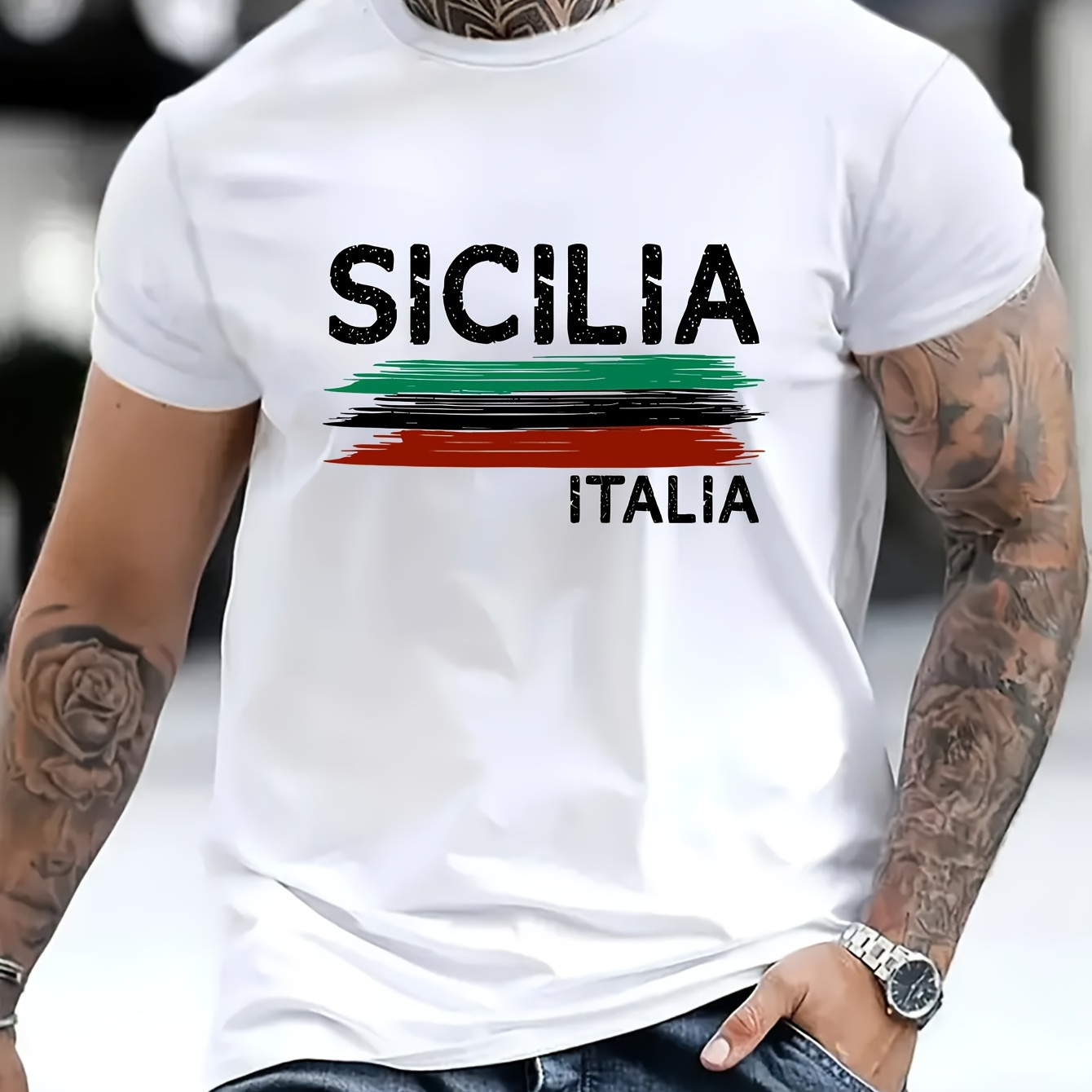 

SICILIA ITALIA Letter Print T-shirt décontracté et confortable à col rond et manches courtes pour homme, adapté aux activités de plein air en été