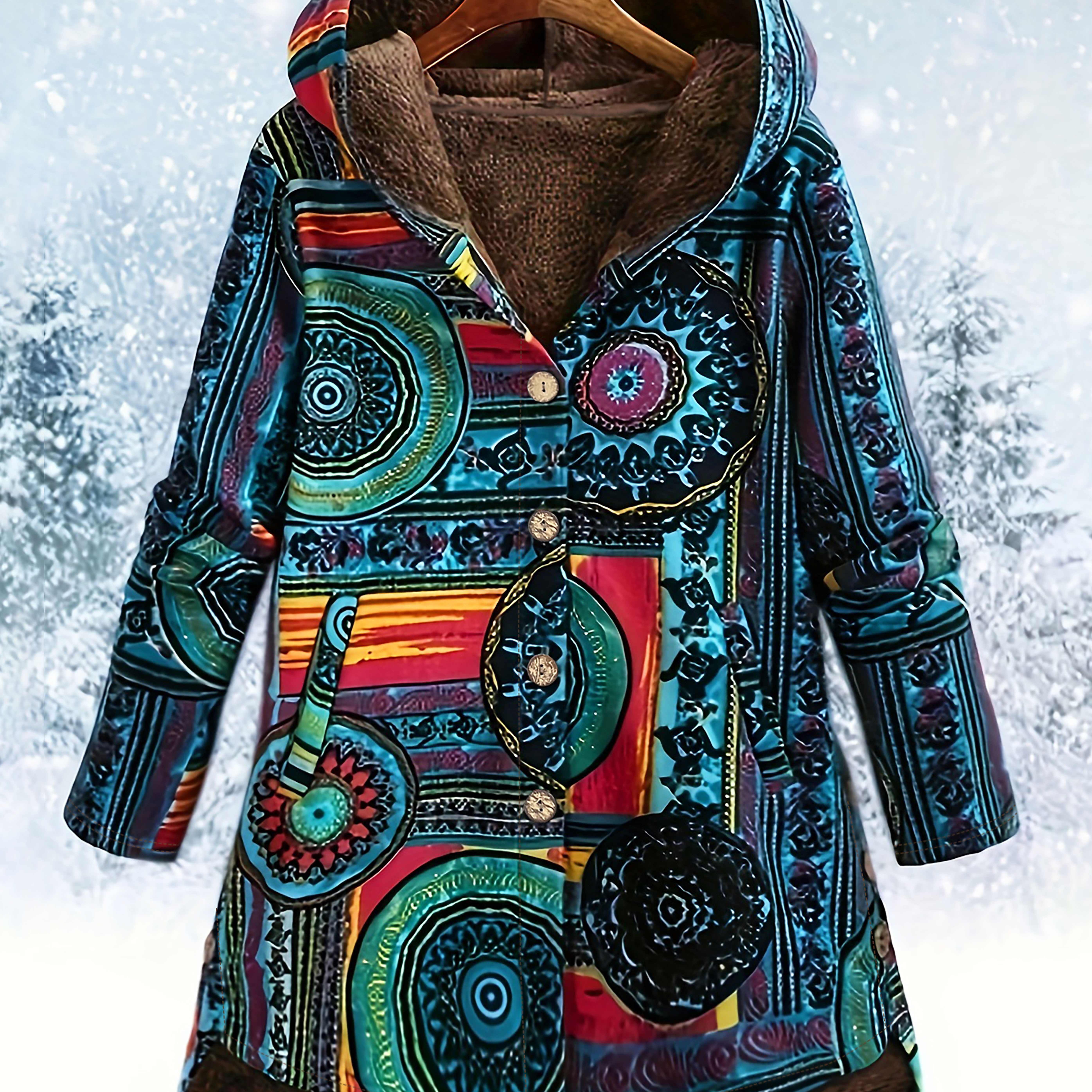 

Ethnic Print Plush Lined Button Front Coat, Casual Long Sleeve Hooded Thermal Outerwear For Fall & Winter, Women's Clothing