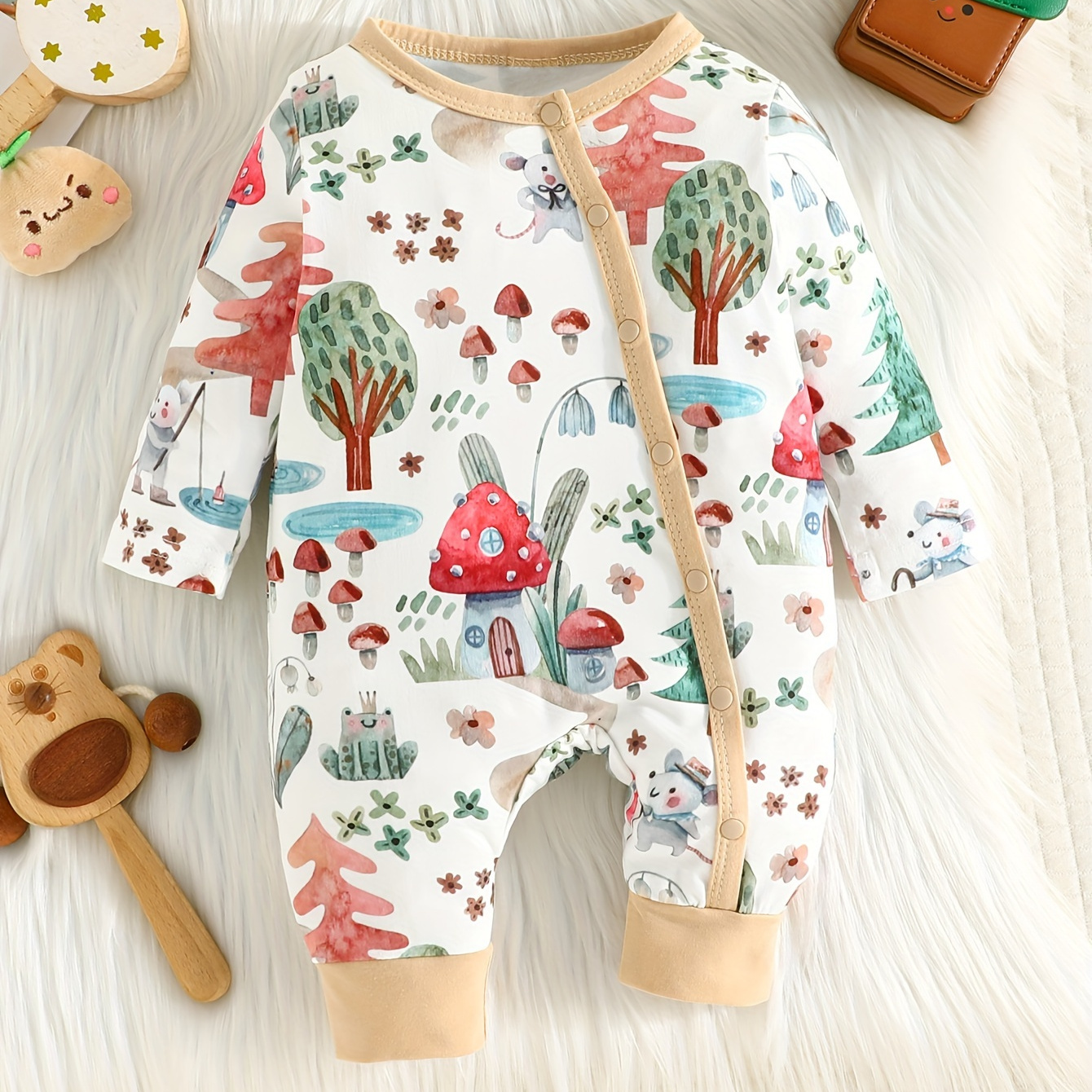 

Baby Boy's Watercolor Mushroom Print Bodysuit, Comfy Long Sleeve Onesie, Infant's Clothing, As Gift