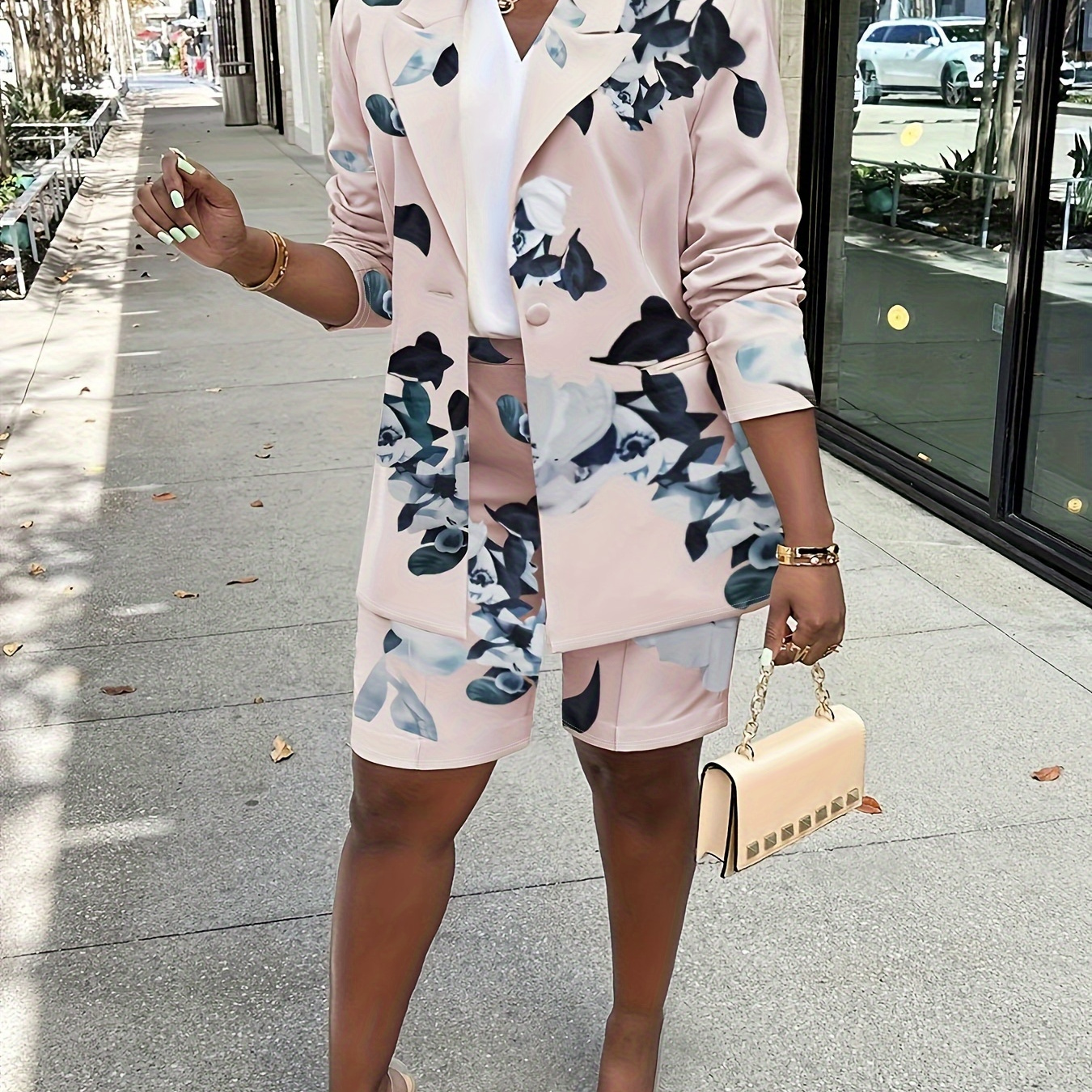 

Floral Print Elegant Two-piece Set, Lapel Open Front Blazer & Shorts Outfits, Women's Clothing
