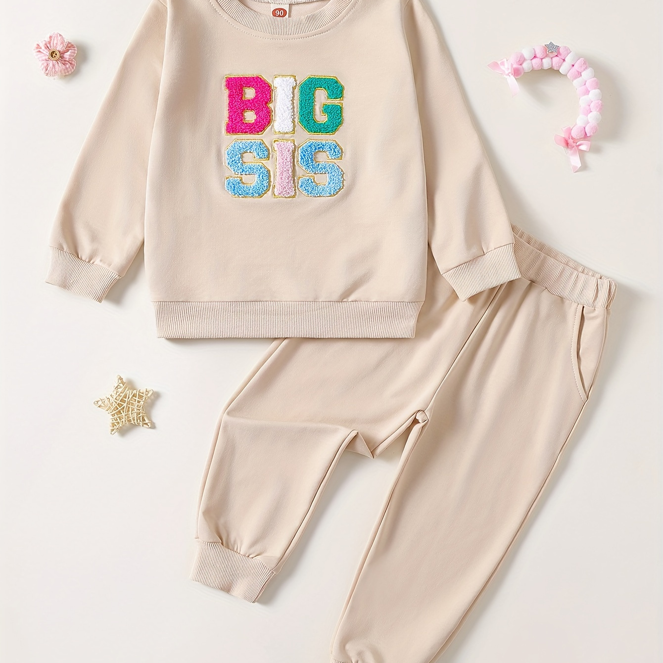 Little Girls Sports Set ,  " BIG SIS " Stylish Letter Embroidered Tops + Fashion Trousers For Spring And Autumn Two-piece Set