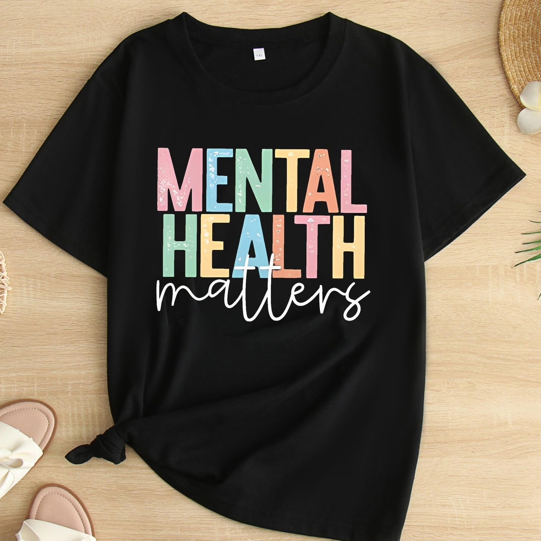 

Plus Size Mental Health Print T-shirt, Casual Crew Neck Short Sleeve T-shirt, Women's Plus Size clothing