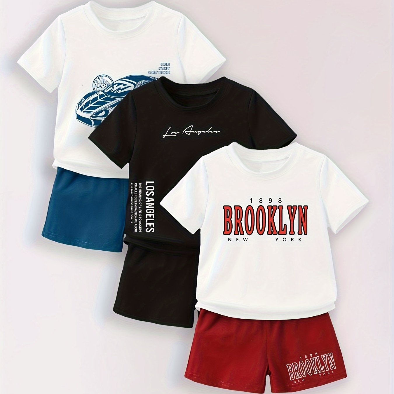 

Graffiti Los Angeles & Brooklyn & Cartoon Car Graphic Print, Baby Boys' 3pcs Short Sleeve Crew Neck Tees & Shorts Set For Spring & Summer, Toddler Boys' Clothing