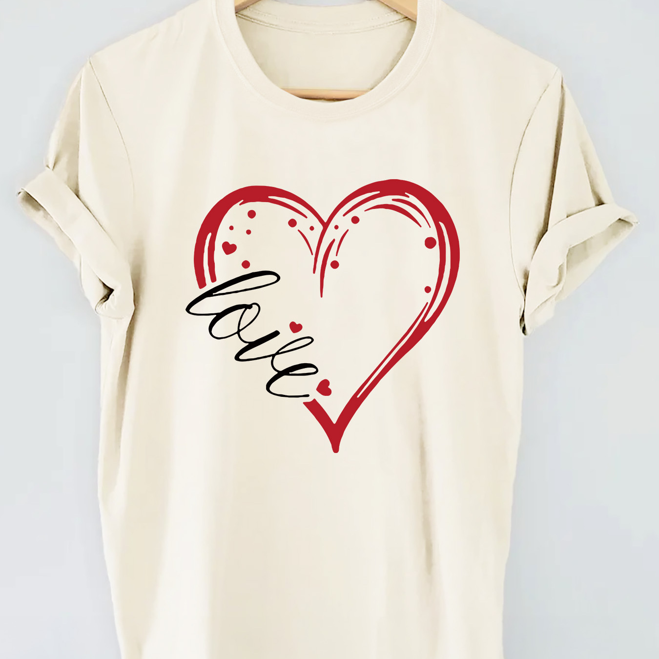 

Heart Print Crew Neck T-shirt, Short Sleeve Casual Top For Summer & Spring, Women's Clothing