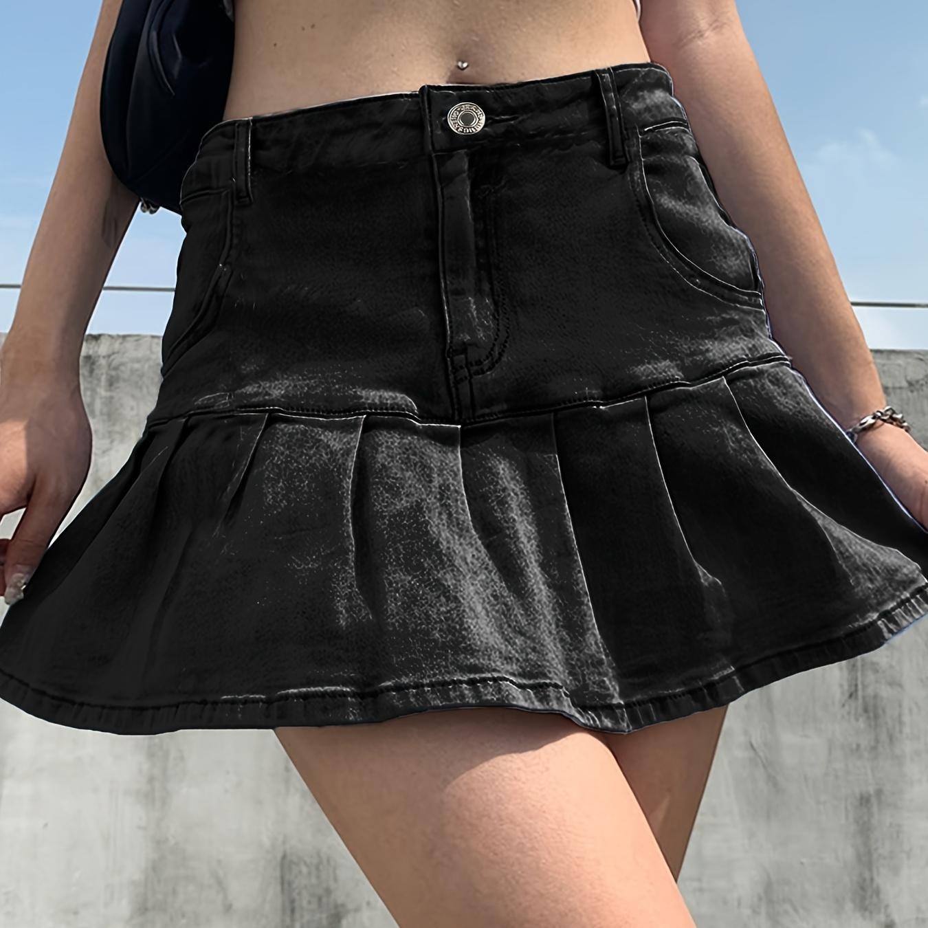 High Waist Pleated Denim Skirt, Y2k Kpop Preppy Style, Ruffle Hem Slash Pockets High Rise Solid Color Short Denim Dress, Kawaii Women's Denim Jeans & Clothing