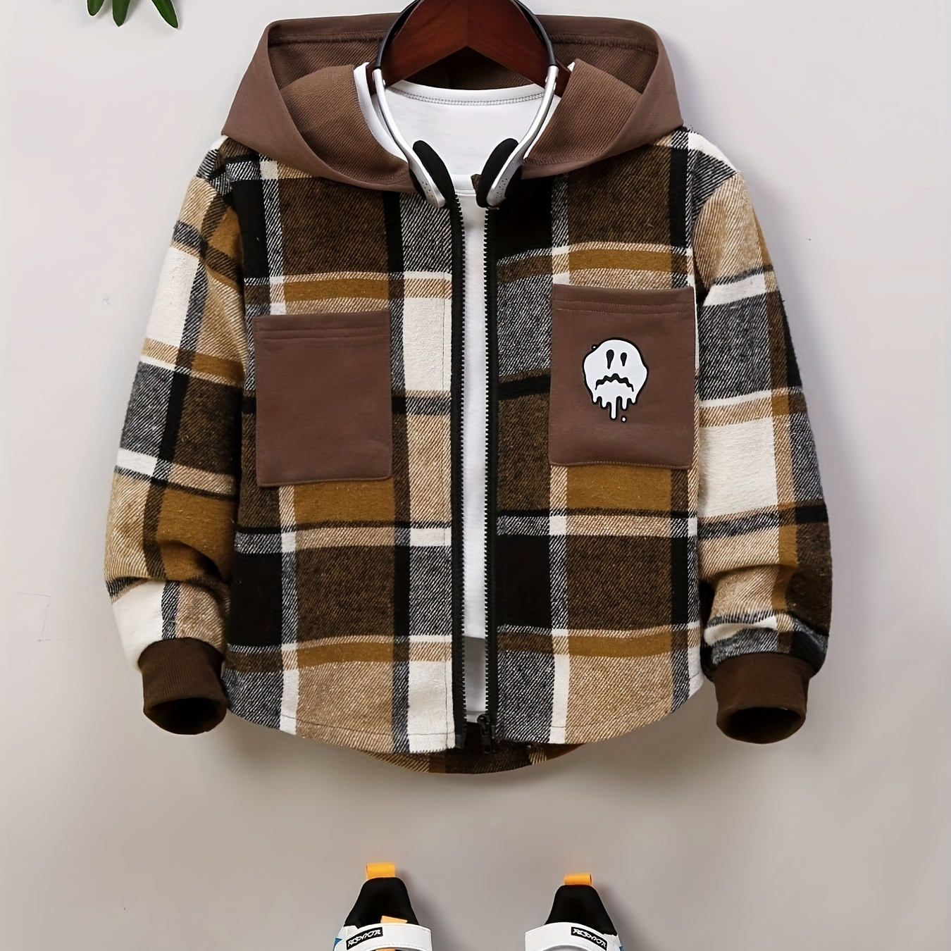 

Funny Sad Smiling Face Print Boys Plaid Zip Up Hoodie Sweatshirt Casual Long Sleeve Hoodies With Pockets Gym Sports Hooded Jacket