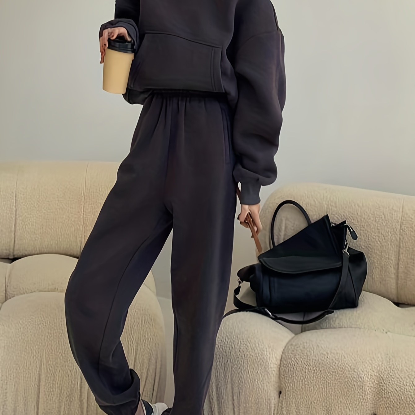 Casual Solid Two-piece Set, Pocket Long Sleeve Hoodie & Pocket Joggers  Outfits, Women's Clothing