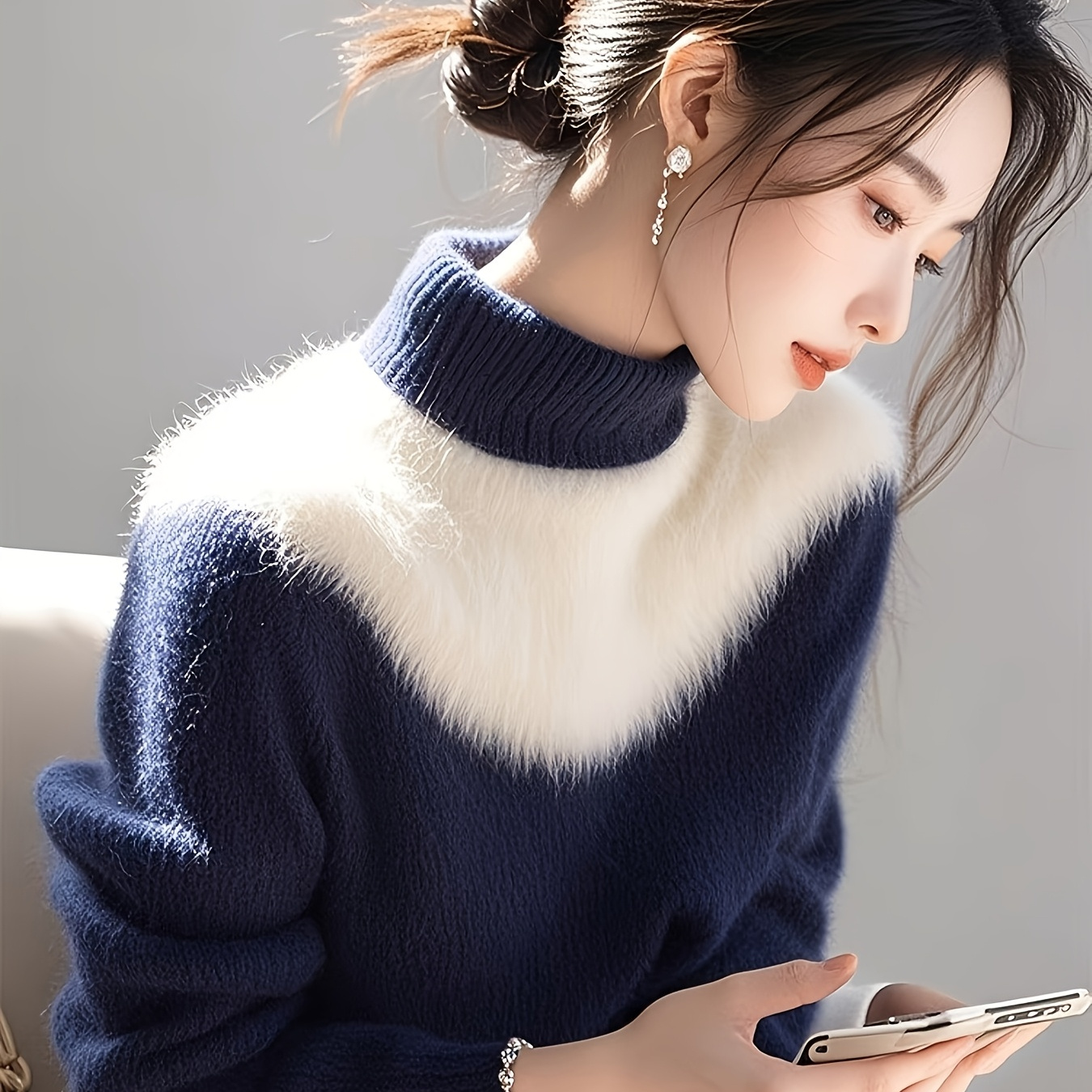 

Elegant Mink Fur Sweater For Women - Chic Mock Neck Knit Top, Long Sleeve, Cozy Nylon , Fall/winter