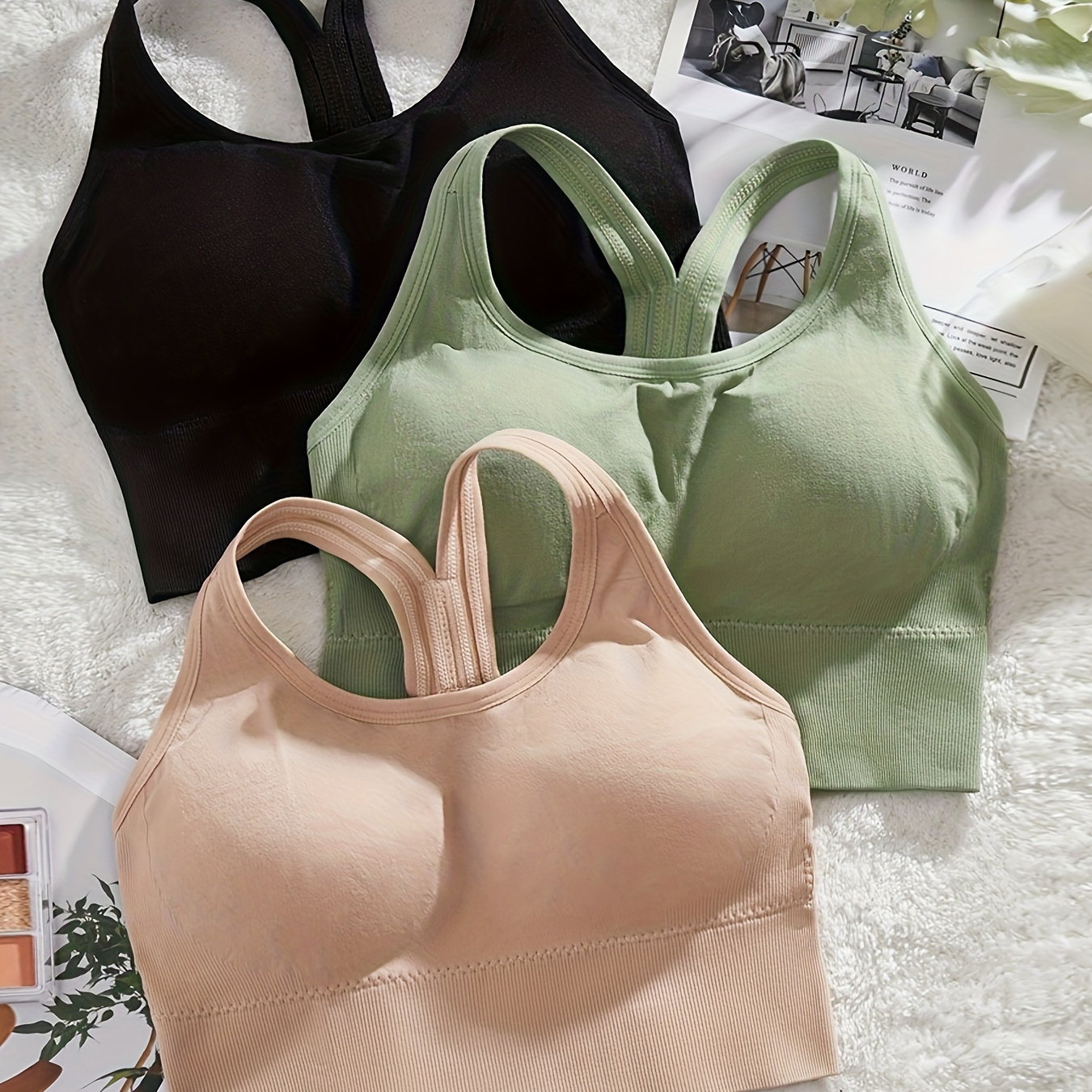 

3pcs Simple Solid Seamless Bra, Comfy & Breathable Hollow Out Bra, Women's Lingerie & Underwear
