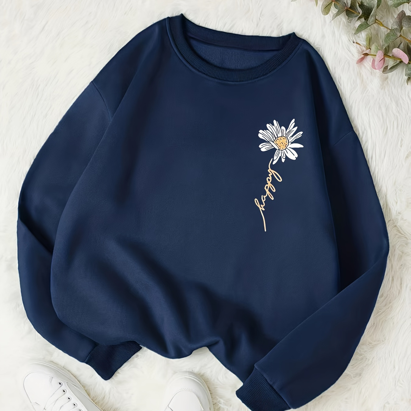 

Cozy Floral Bloom Crewneck Sweatshirt - Polyester, With Embroidered Daisy Detail, Fall & Winter Casual Wear