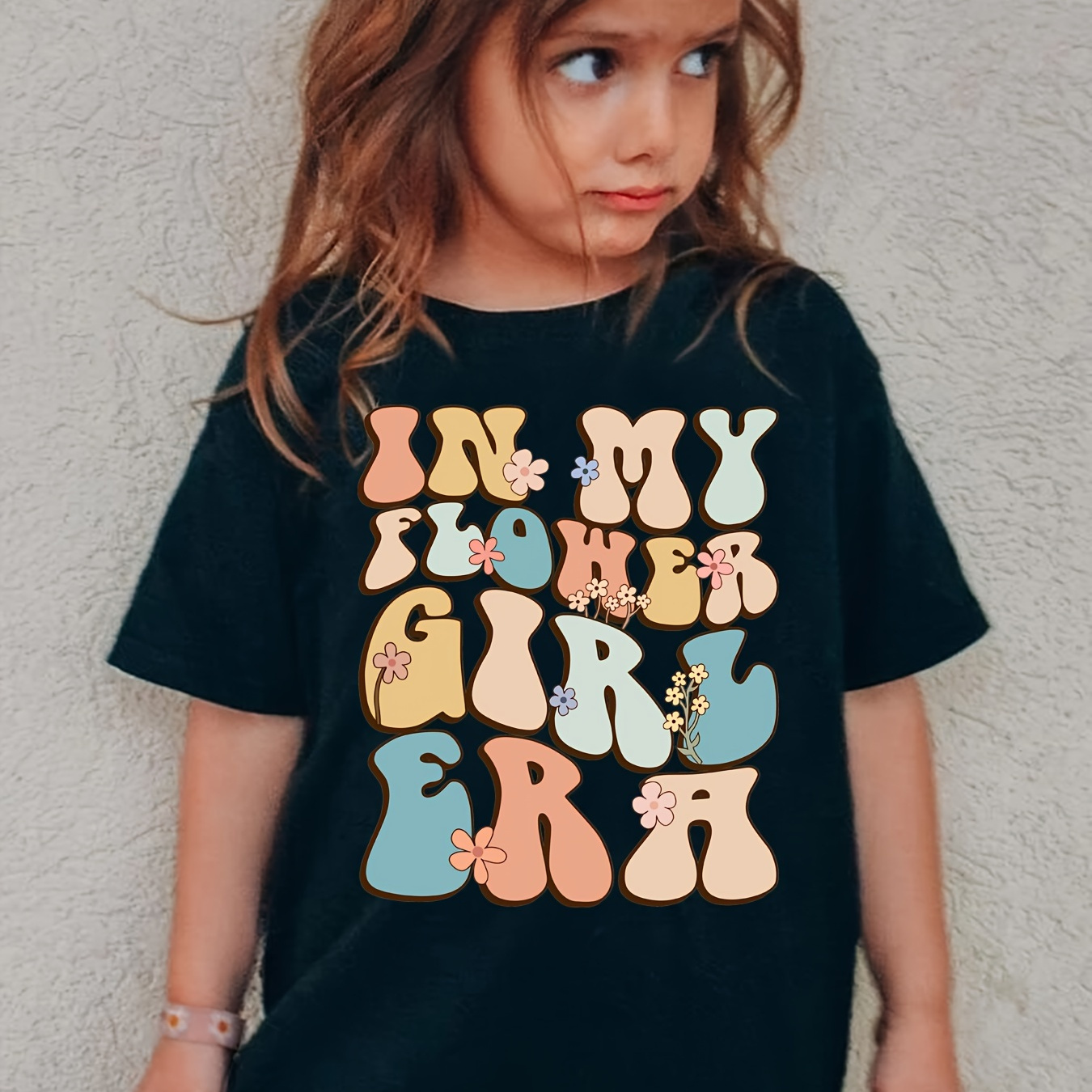 

In My Flower Girl Era & Cartoon Flowers Graphic Print Tee, Girls' Casual & Comfy Crew Neck Short Sleeve T-shirt For Spring & Summer, Girls' Clothes For Everyday Activities