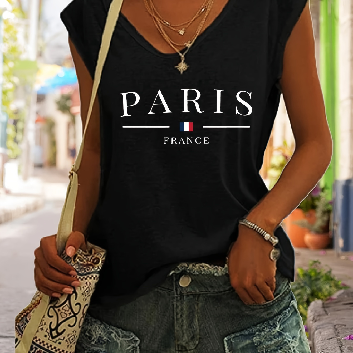 

Plus Size Paris Letter Print T-shirt, Casual V Neck Cap Sleeve T-shirt, Women's Plus Size clothing