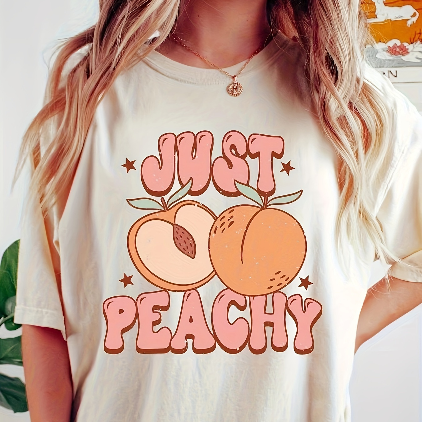 

Peach Print Crew Neck T-shirt, Casual Short Sleeve T-shirt For Spring & Summer, Women's Clothing