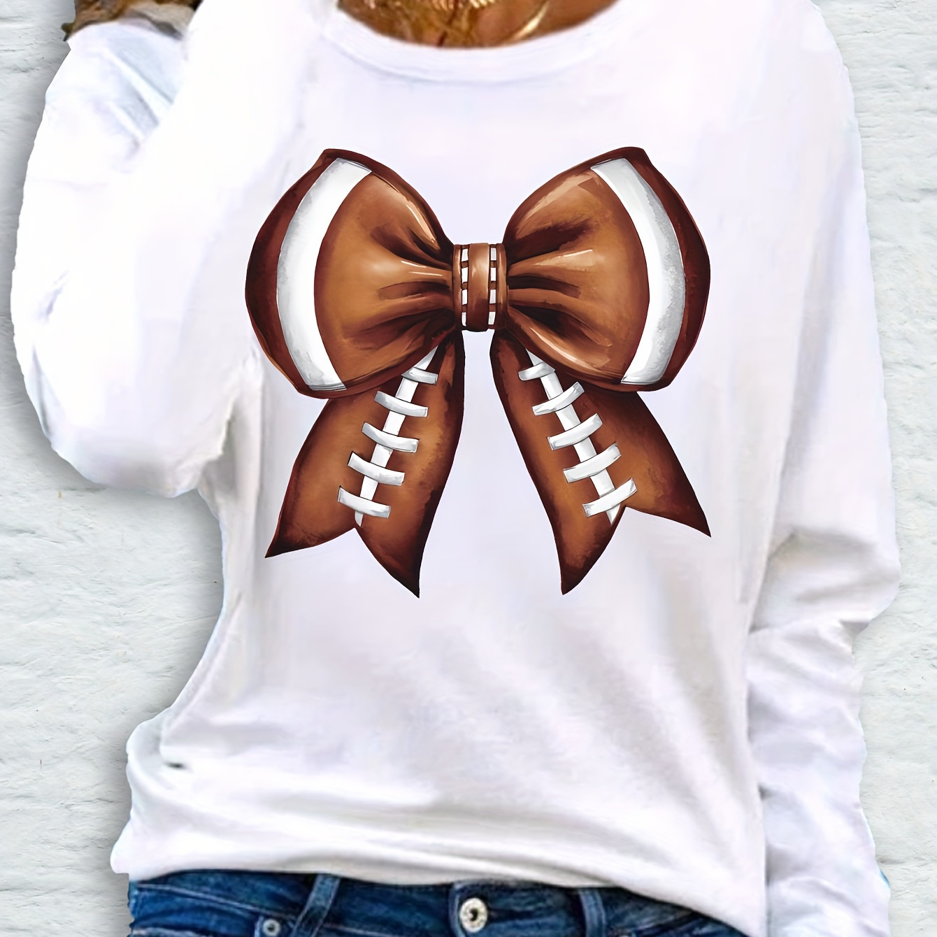 

Women's Casual Long Sleeve Crew Neck T-shirt With 3d Football Bow Applique, 100% Polyester Knit Fabric, Medium Stretch, Regular Fit Pullover Top For Fall