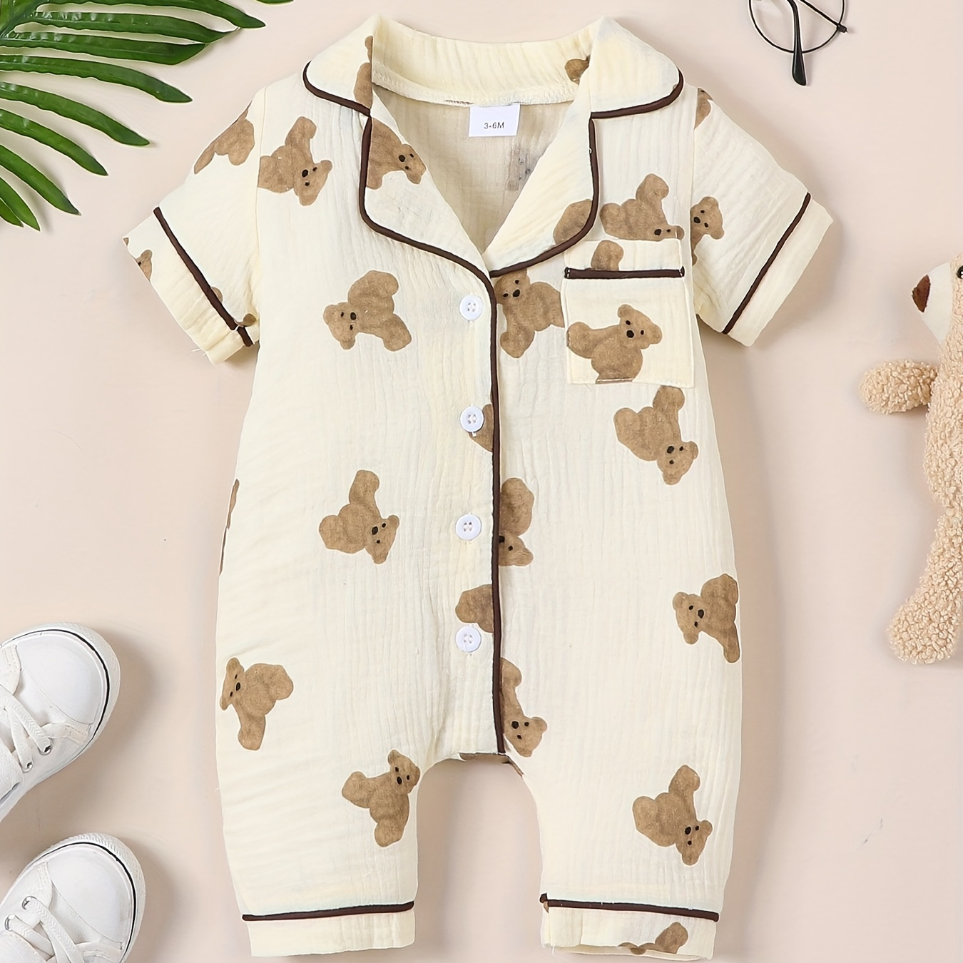 

Infant's Soft Cotton Muslin Bear Pattern Bodysuit, Casual Short Sleeve Onesie, Baby Boy's Clothing