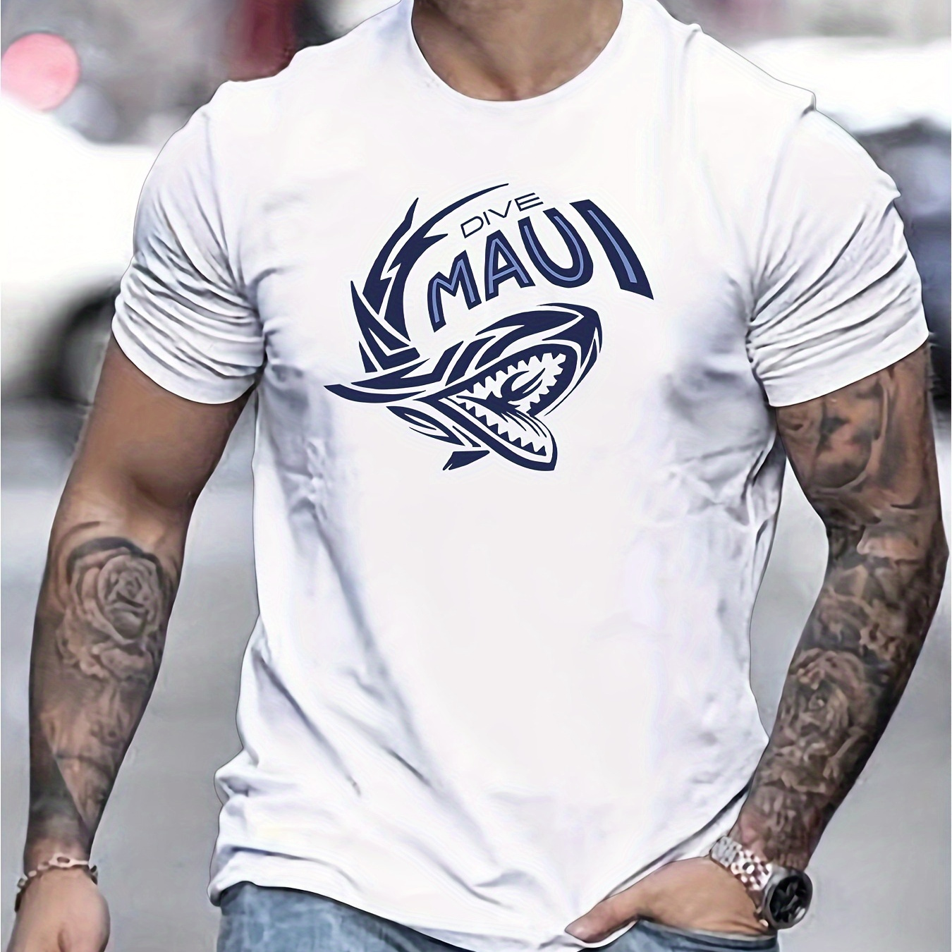 

Men's Maui Print T-shirt, Casual Short Sleeve Crew Neck Tee, Men's Clothing For Outdoor